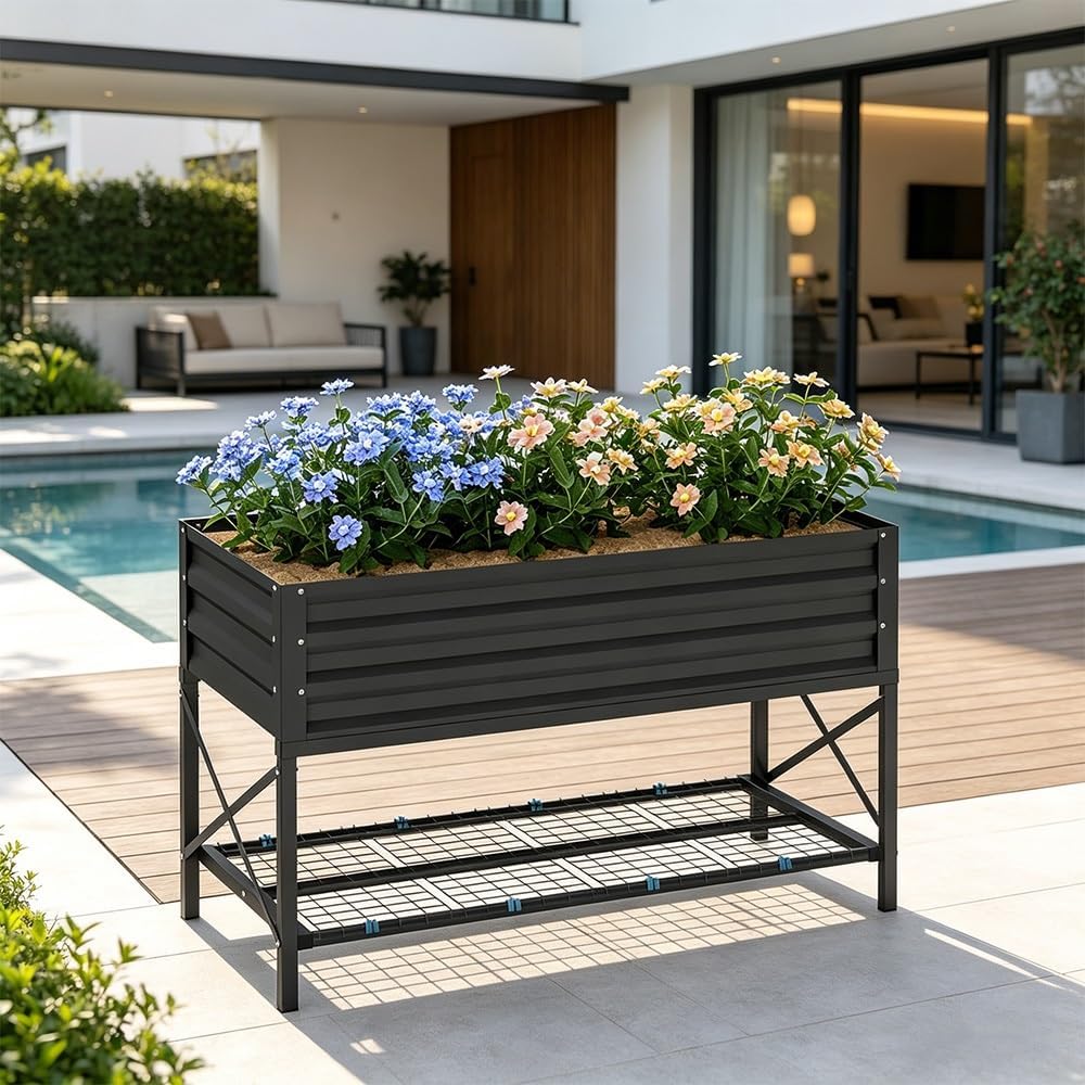 Elevated Metal Raised Planter with Shelf, 41" Galvanized Steel Garden Bed, Ergonomic Height for Outdoor Gardening, Balcony(Dark Gray)