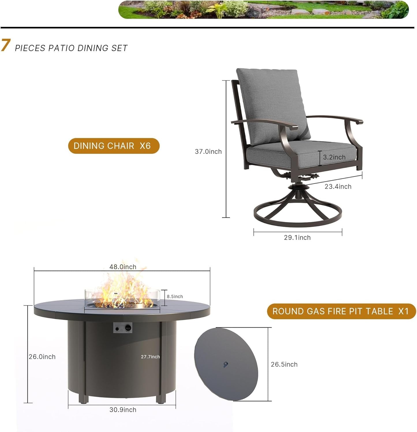 5 Piece Metal Outdoor Patio Furniture Set with 48"/55000 BTU Round Fire Pit Table,Outdoor Dining Table Set 4 Swivel Chairs No-Slip Cushions and Waterproof Covers,Grey