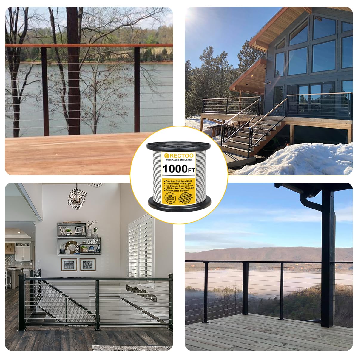 1000FT 1/8" T316 Stainless Steel Cable with Cutter, 7x7 Strands Aircraft Wire Rope for Deck Railing, Stair Handrail, Porch Fence, High Strength for Indoor and Outdoor Use