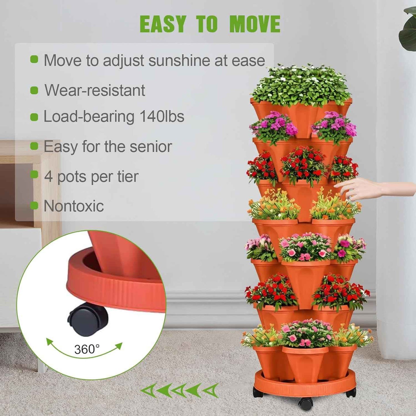Vertical Strawberry Planter 7 Tier Stackable Tower Herb Planters Stacking Outdoor Garden Red Planters Pot with Tools Mover for Growing Flowers, Vegetables and Succulents