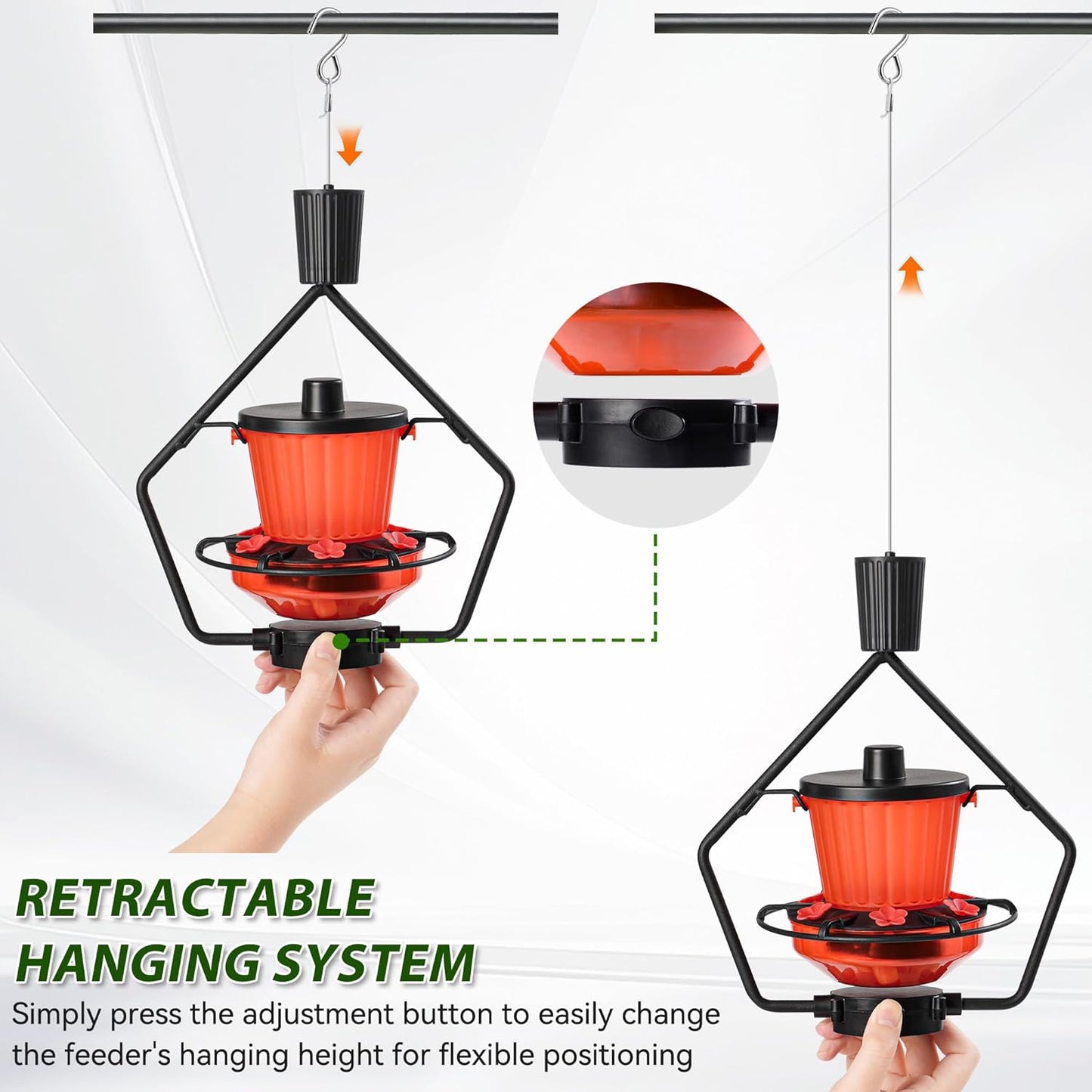 Retractable Hummingbird Feeder – 6 Feeding Ports, Leak-Proof, Ant & Bee Proof, Easy Top-Fill & Easy to Clean, Durable ASA Plastic, 18.5 oz Capacity, Adjustable Hanging System with 44" Extension(Black)