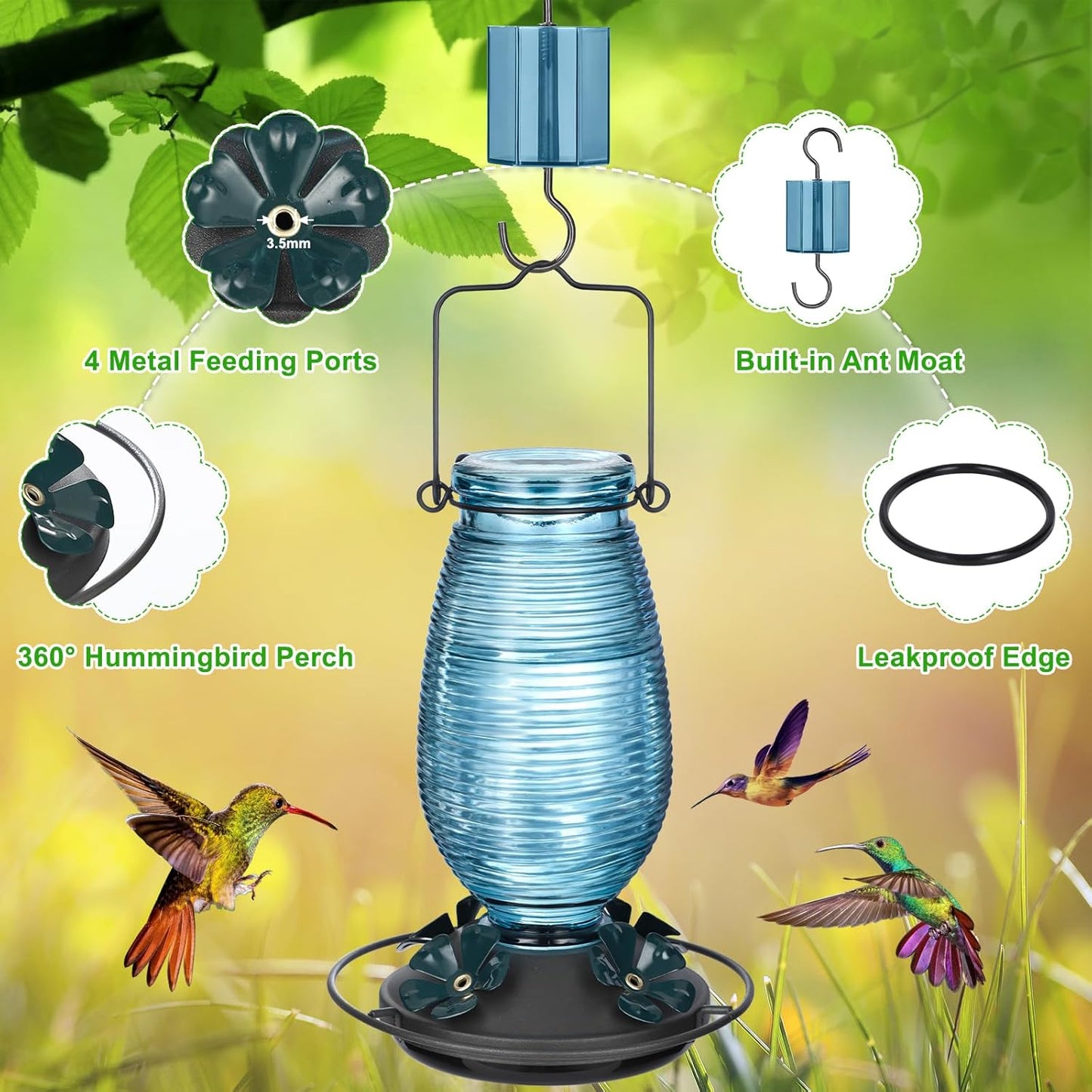 FEED GARDEN Glass Hummingbird Feeder for Outdoors Hanging, 20 OZ Humming Birds Feeders with 4 Bee Guard Feeding Ports & Built-in Ant Moat, Bird Feeder for Outside, Blue,1 Pack