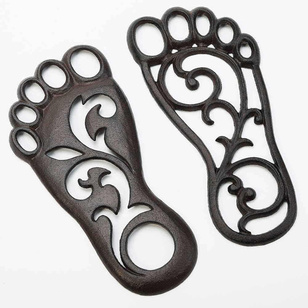 Sungmor Heavy Duty Cast Iron Stepping Mats for Front Door, 2PC 11.8 Inch Long Sturdy Metal Left & Right Footprint Stepping Stone, Retro Elegant Decorative Mat for Garden Lawn Panel Walkway Landscaping