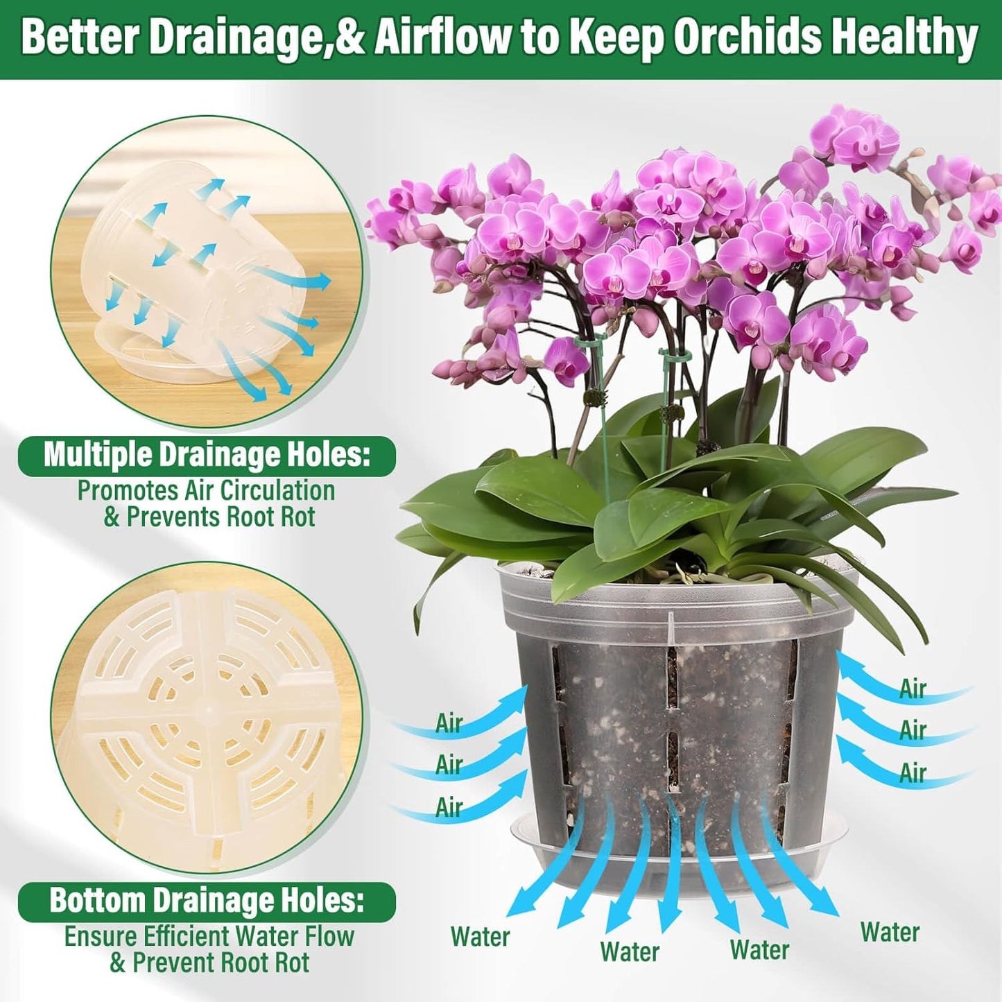 12 Pack Plastic Orchid Pots with Holes, 4, 5, 6 Inch Clear Orchid Pots for Repotting with Saucers Drainage and Plant Stakes, Large Small Breathable Orchids Planter Plant Pot