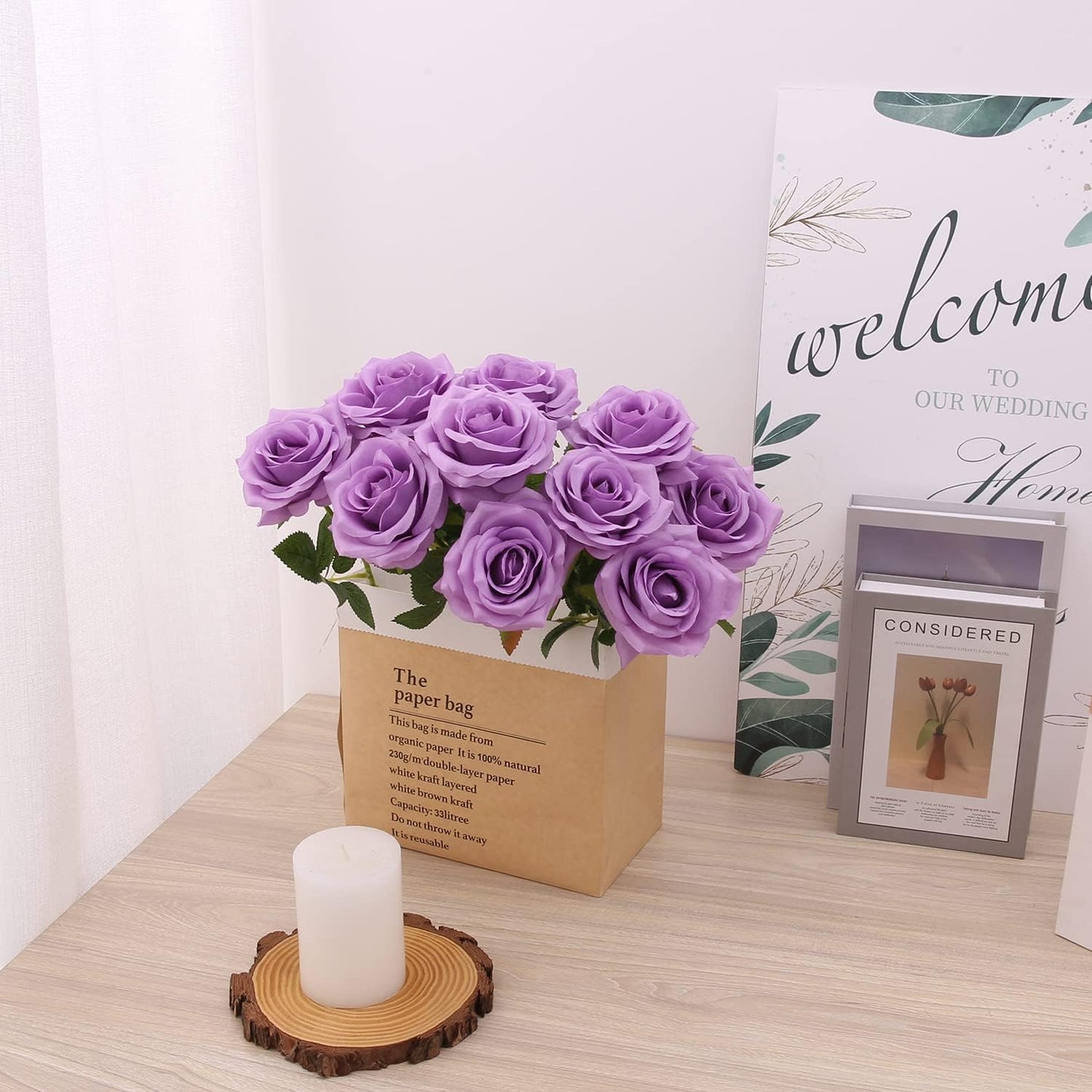 Artificial Rose 10pcs Open Flower Bouquet Faux Rose Stems for Wedding Arrangement, Bridal Bouquet, Centerpiece, Fake Faux Silk Flowers (Lilac)