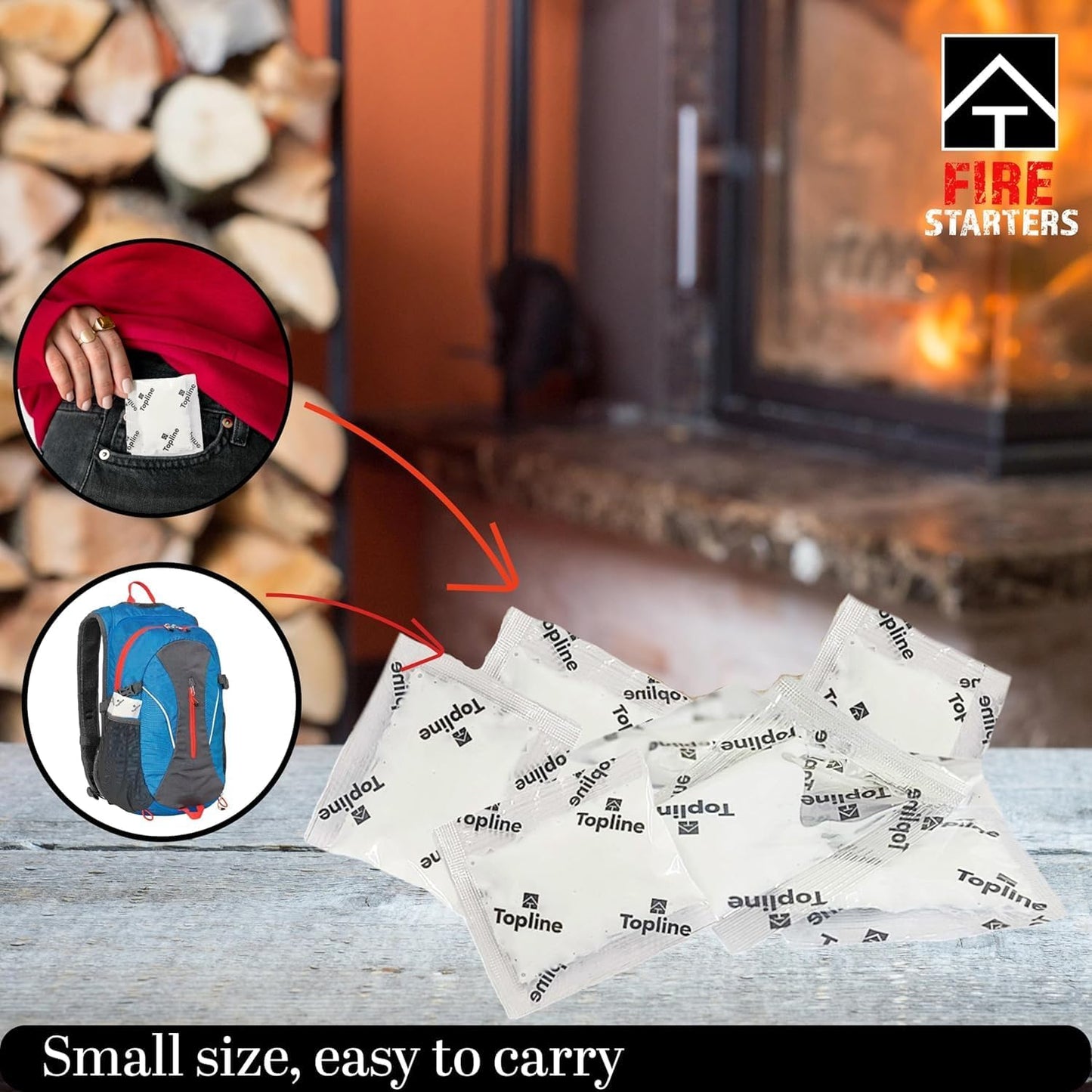 Topline 100 Fire Starters for Fireplace, Wood Stove, Charcoal BBQ & Campfire — Waterproof Odorless Fire Starter Sachets, Quick-Light Indoor & Outdoor Firestarter Pouches in Storage Tube