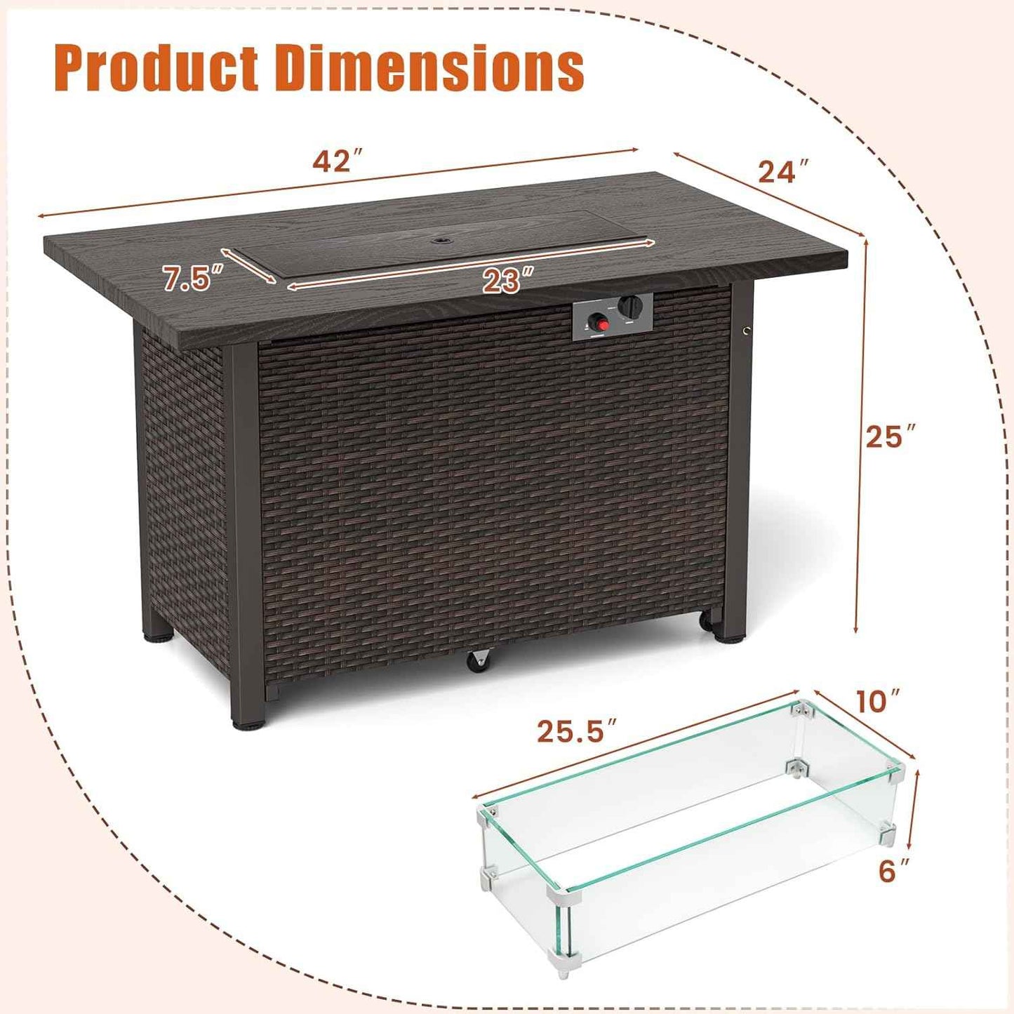 Tangkula Outdoor Propane Fire Pit Table, 42 Inch Rectangular Rattan Fire Table with Wind Guard & Glass Rocks, 50,000 BTU Smokeless Gas Fire Pit for Outside Patio (Brown)