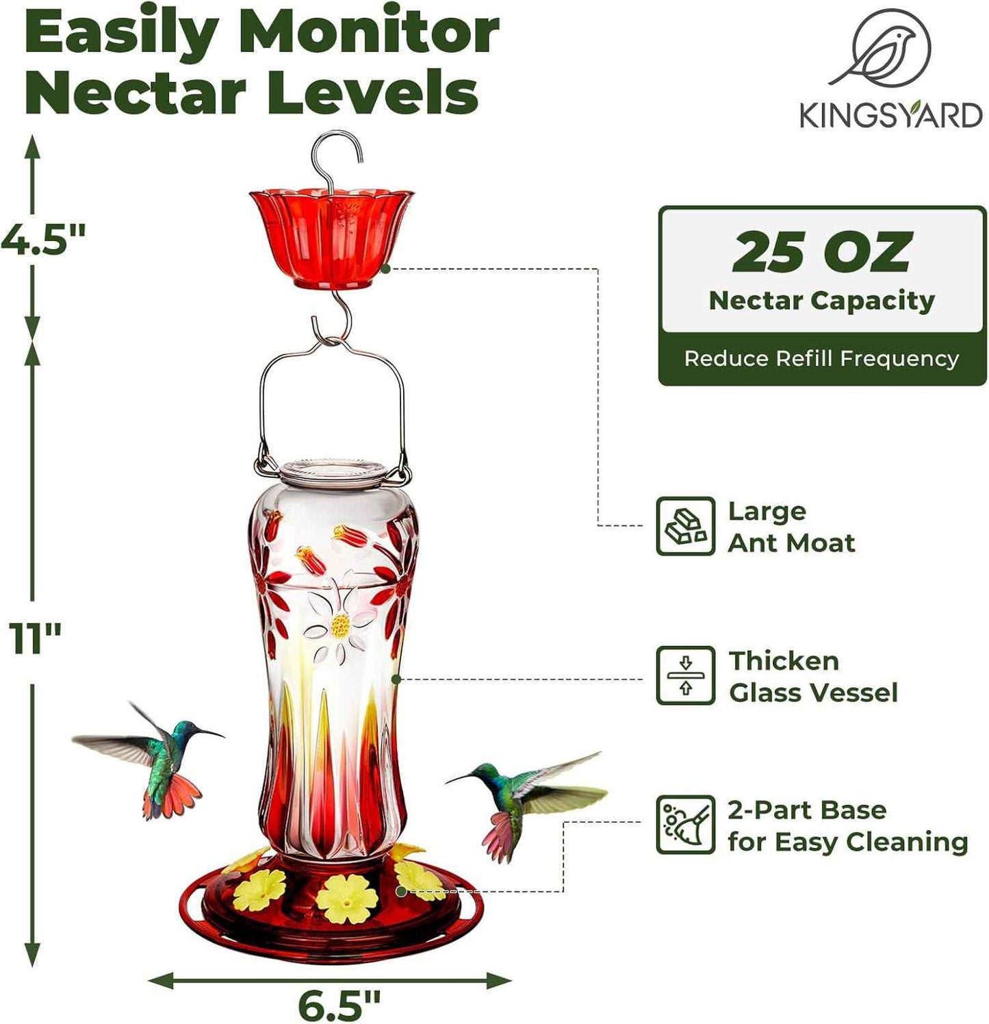 Kingsyard Glass Hummingbird Feeder 25oz – Ant Moat, 6 Bee-Proof Ports, 360° Perch