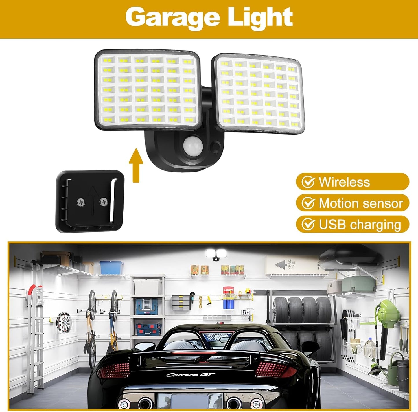 Rechargeable Battery Operated Light, 2500&4000LM Motion Sensor Security Light(1-3 Months Endurance), USB Charging LED Flood Outdoor for Garage/Yard/Entryways/Patio/Garden (2 Pack)