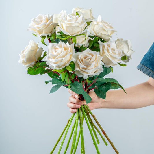 Fake Roses Faux Flowers 12PCS Silk Roses Artificial Roses with Stems Realistic Artificial Flowers Suitable for Indoor Home Decoration DIY Bouquet Wedding Decor Party Decor 16.5In (White)