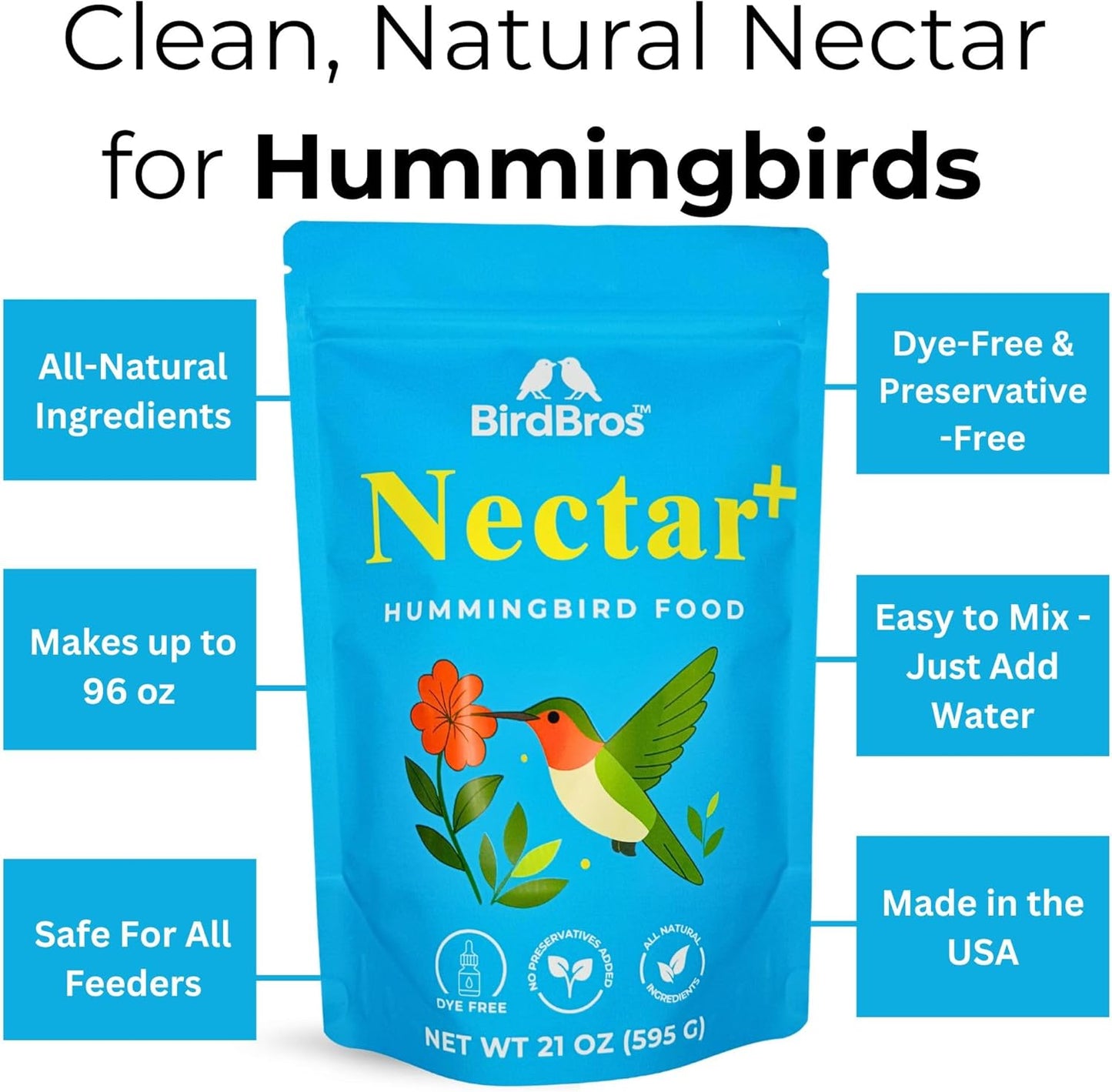 BIRDBROS Hummingbird Nectar Powder Nectar+ Hummingbird Food for Feeders – All-Natural, Dye-Free, No Boil, Easy Mix – Pure Cane Sugar, Hummingbird Feeder Refill, Made in USA – Makes 96 oz