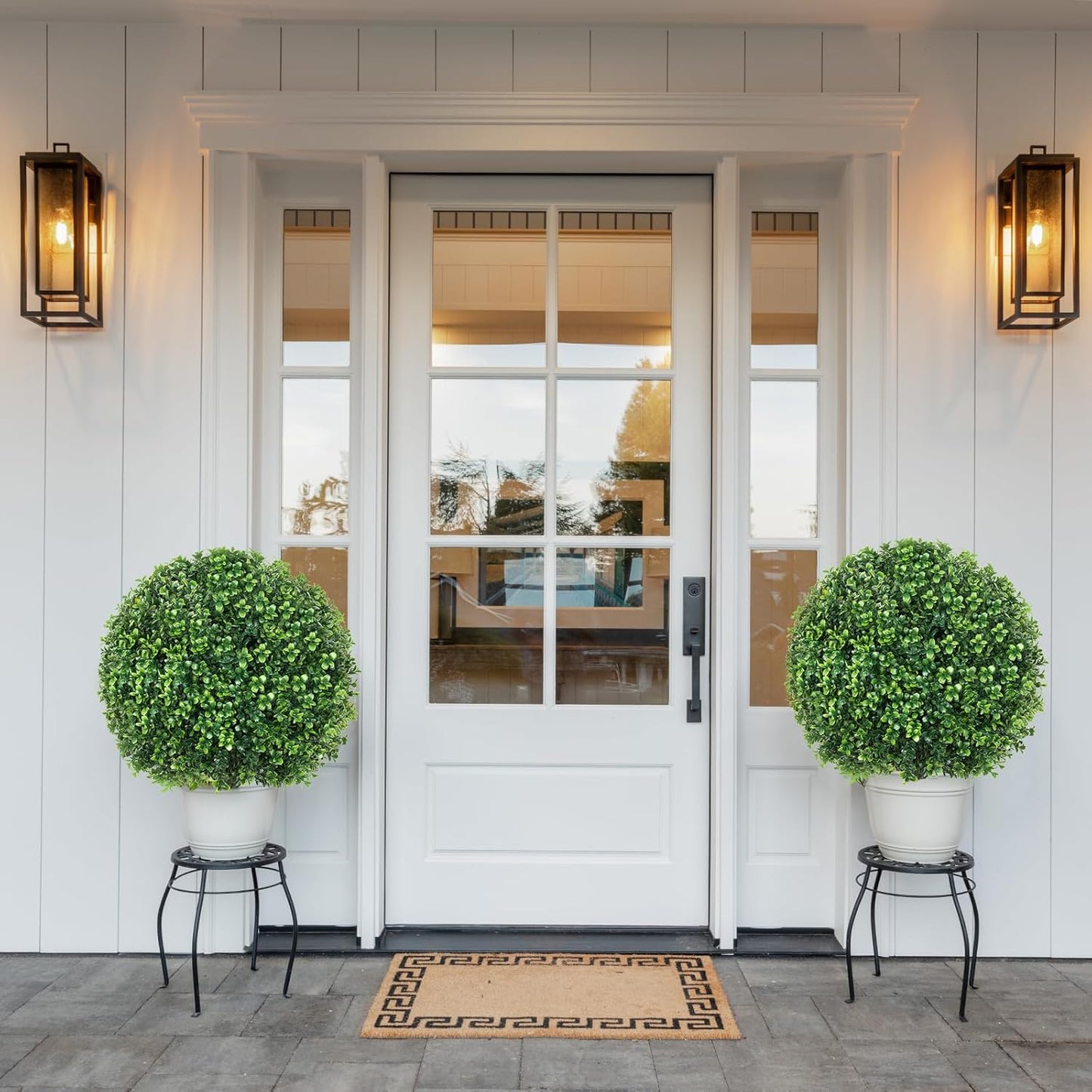 25.6" Artificial Boxwood Topiary Ball Trees: 2 Pack Artificial Shrubs with Spike – UV Resistant Fake Bushes, Evergreen Artificial Plants for Outdoor Indoor Front Porch Garden Yard