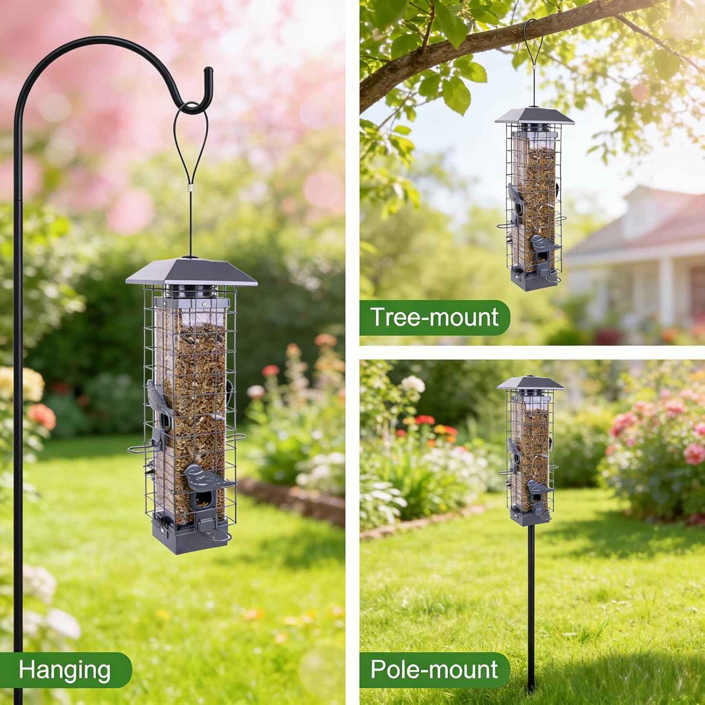 Squirrel Proof Bird Feeders for Outdoors, Metal Wild Bird Feeder for Outside Hanging, 4 Ports Perches, 3LB Large Capacity(Gray)