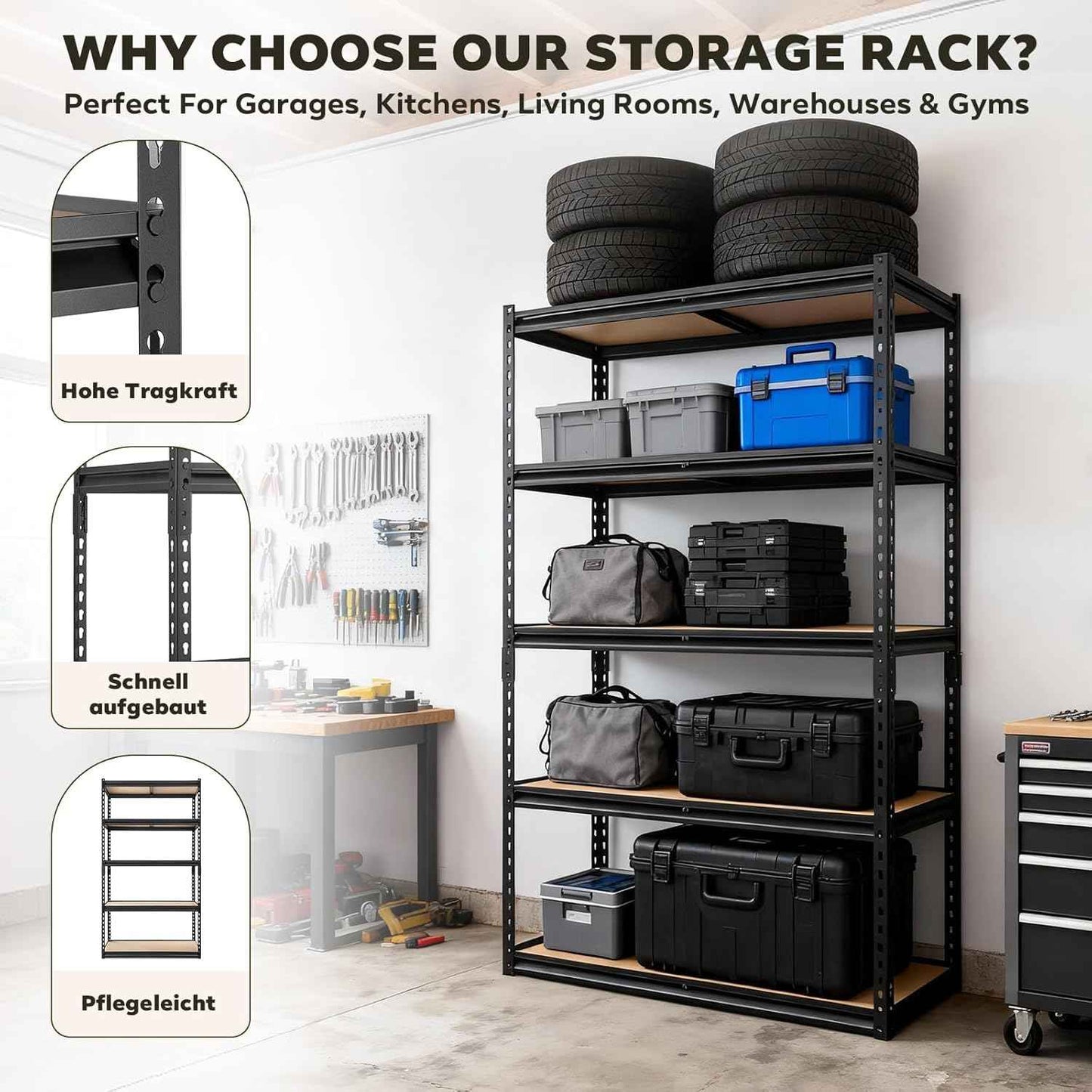 2000LBS Storage Shelves 5 Tier Garage Shelving Heavy Duty, Adjustable Metal Shelving Unit, Garage Shelves for Basement, Warehouse, Pantry, 72" H x 40" W x 20" D, Black