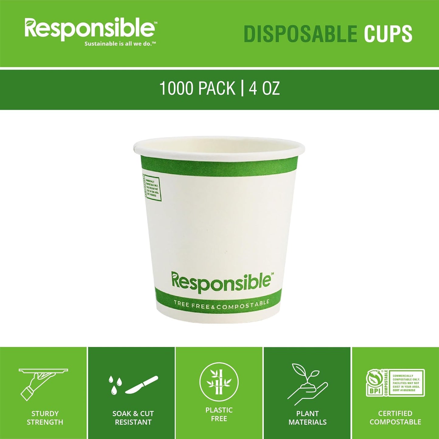 4 oz Paper Hot Cups, Tree-Less™ Compostable Paper Coffee Cups, Extra Strength, Tree-Free and Made Without PFAS, White (1000 Count)