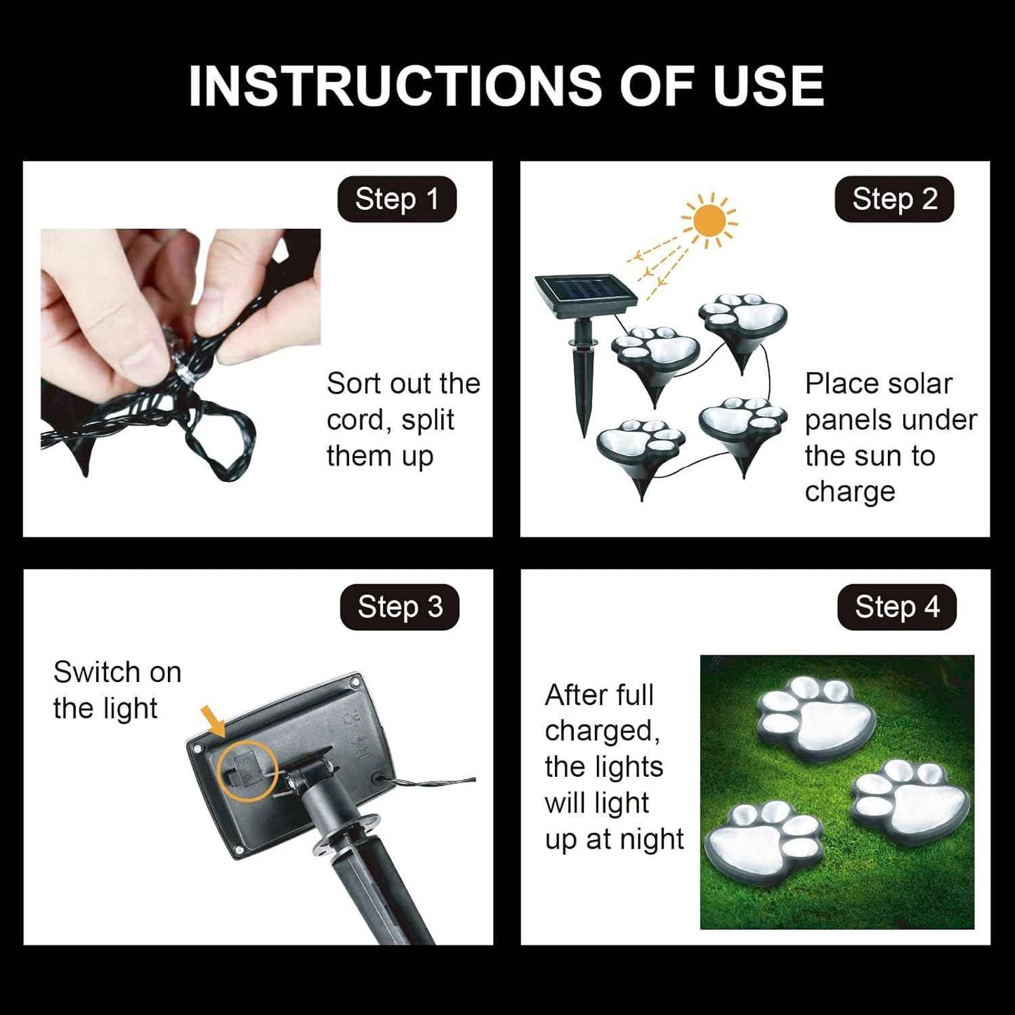 Animal Paw Print Solar Lights Outdoor Garden Decor, 4 Pack Paw Print Lights with Cord, IP55 Waterproof Yard Pathway Decor Light, Cold White Color Light, New Home Birthday Christmas Gift