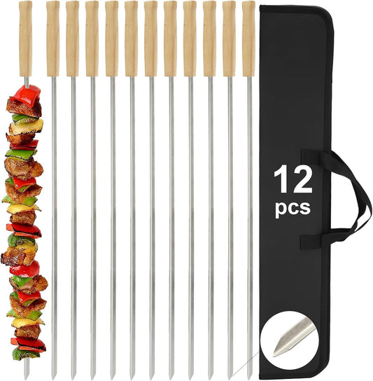 SHIKORI Kabob Skewers,BBQ Barbecue Skewers,Stainless Steel Sticks,24 Inch Heavy Duty Large Wide Reusable,with Nonslip Wooden-12 Pcs