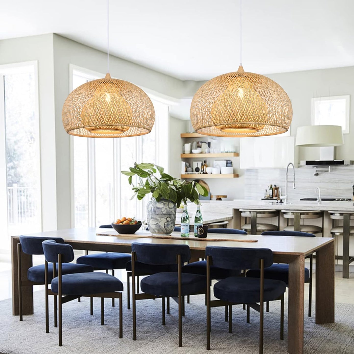 Arturesthome 23.6" Weaving Bamboo Pendant Light for Kitchen Island, Wicker Chandelier, Handmade Woven Hanging Ceiling Light Lampshade for Living Room Bedroom