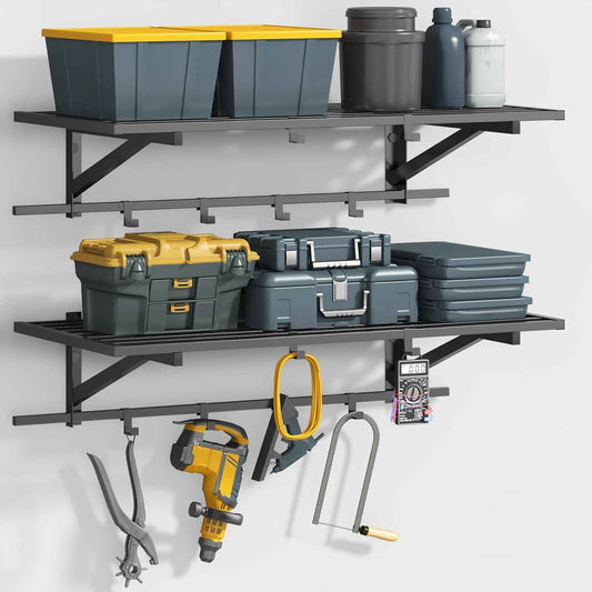 2-Pack 2x4ft Garage Shelving Wall Mounted, Heavy Duty Garage Storage Shelves with 12 Hooks, 2' x 4' Wall Mount Shelves with 500LBS Capacaity