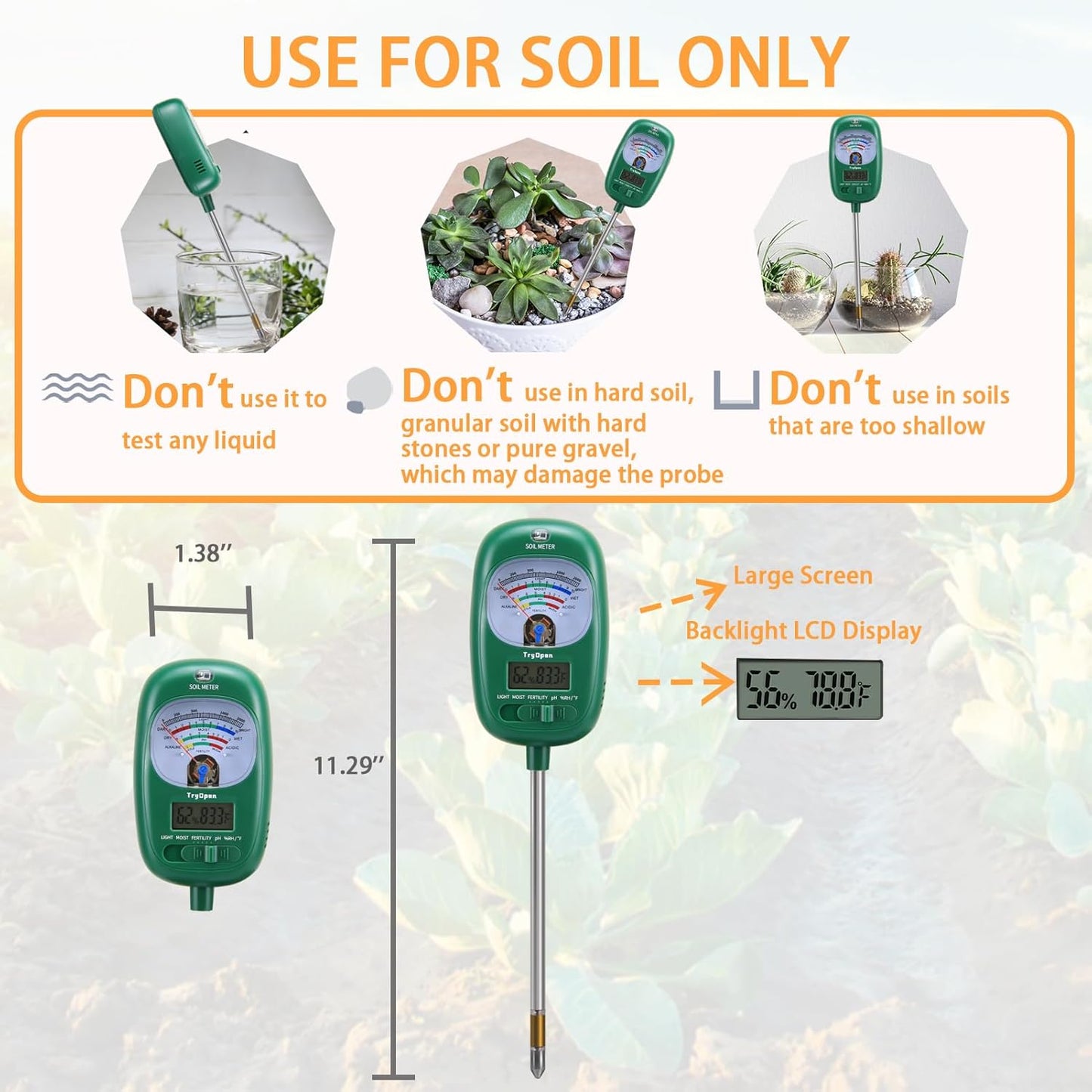 7-in-one Soil Test Kit, Soil Moisture Meter/Soil ph Meter/Fertility Soil Tester, Soil Hygrometer for Garden, Farm, Plant, Outdoor, Indoor, Lawn Care Moisture Meter for Hous Plants (No Battery Needed)