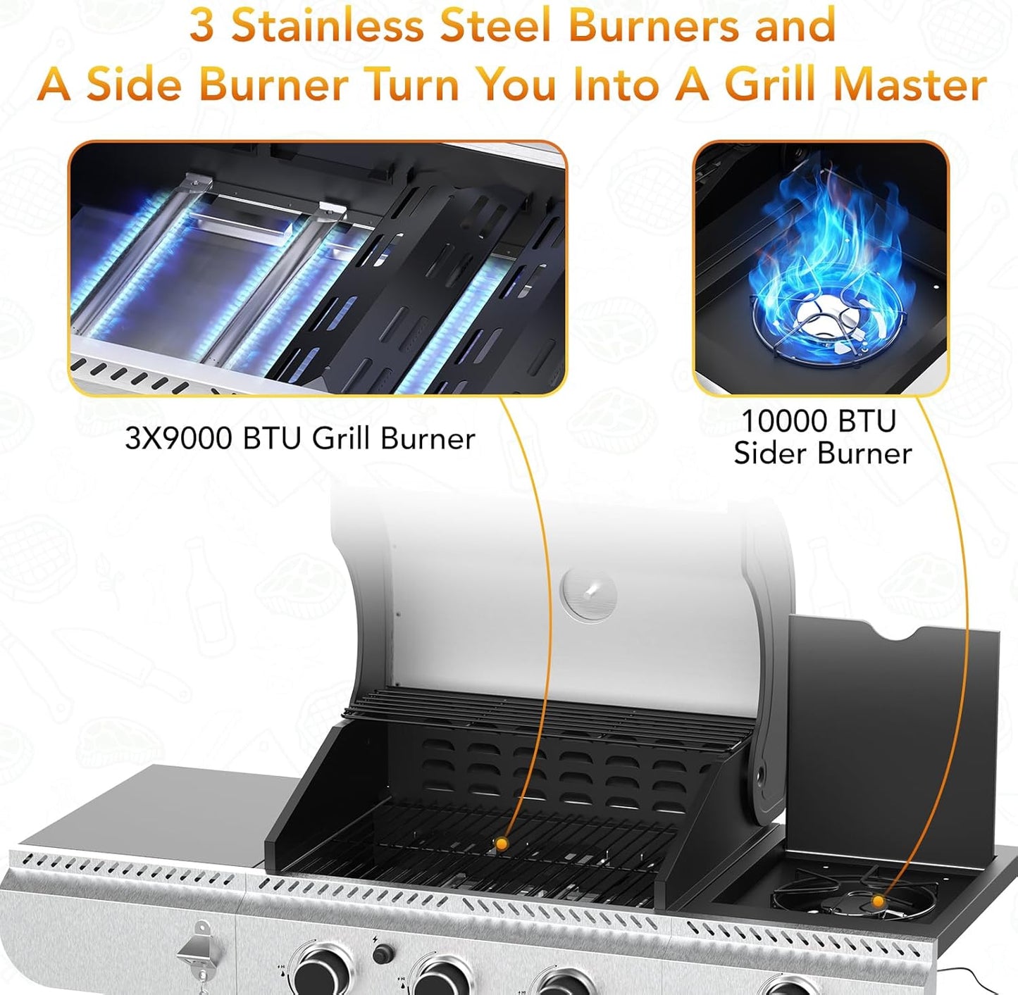 3-Burner Propane Gas Grill with Side Burner,Stainless Steel BBQ Grill with Porcelain-Enameled Cast Iron Grates,37000 BTU Barbecue Grill, Suitable for Patio,Camping,Outdoor Cooking