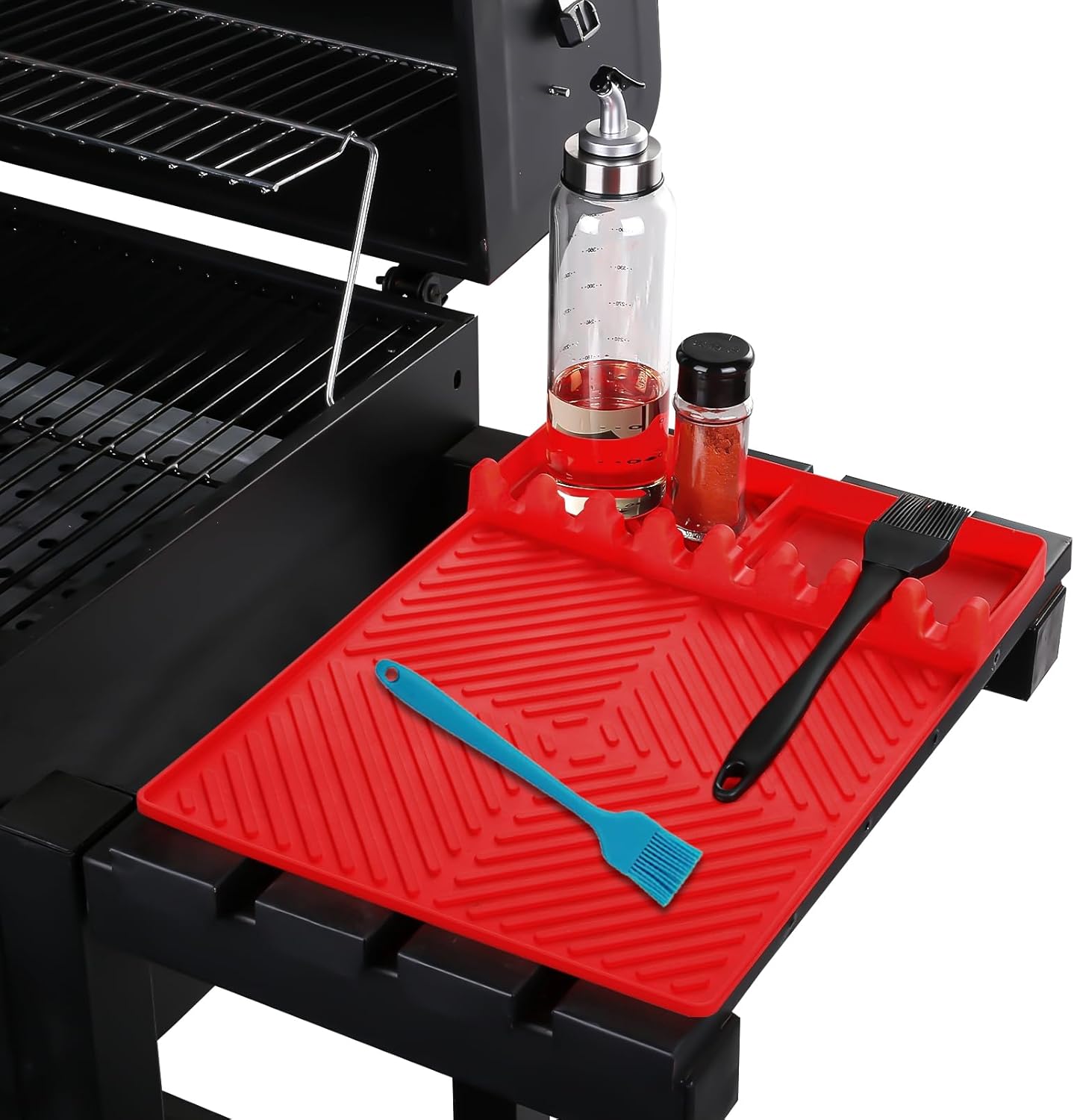 Griddle Mat Barbeque Grill Accessories Tools for Blackstone, Side Shelf Mat Grill Pad for Outdoor Grill Kitchen Counter Spatula Silicone Mat with Drip Pad for Kitchen, Cooking, Countertop (Red)