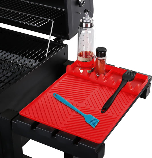 Griddle Mat Barbeque Grill Accessories Tools for Blackstone, Side Shelf Mat Grill Pad for Outdoor Grill Kitchen Counter Spatula Silicone Mat with Drip Pad for Kitchen, Cooking, Countertop (Red)