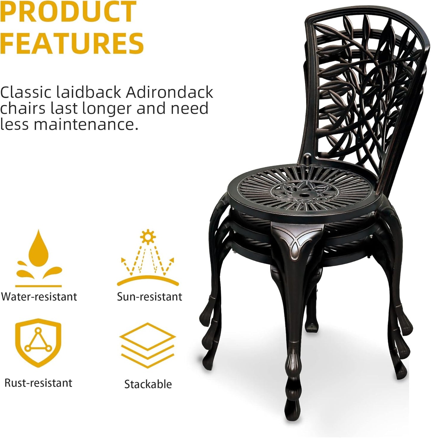 DWVO Outdoor Cast Aluminum Outdoor Chairs Set of 2, All-Weather Patio Dining Chair with Adjustable Feet for Balcony, Backyard, Deck, Garden, Hammered Bronze