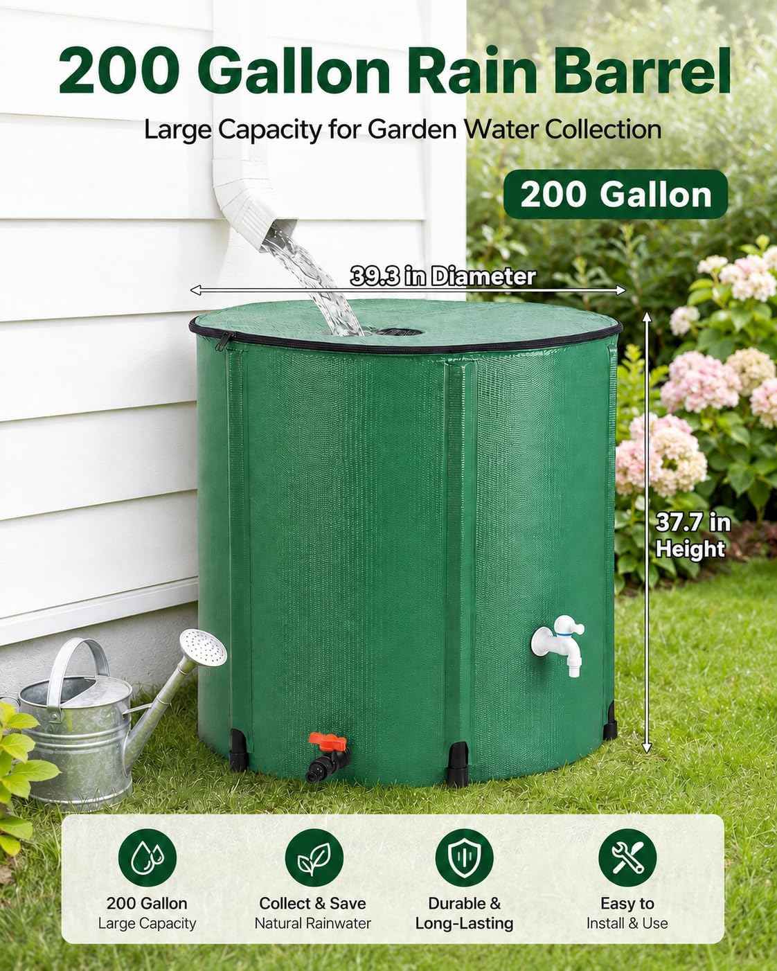 200 Gallon Collapsible Rain Barrel, Portable Rainwater Collection System, Water Storage Tank, Rain Catcher Barrel with Two Spigots and Overflow Kit, Rainwater Barrels Collector for Garden, Green