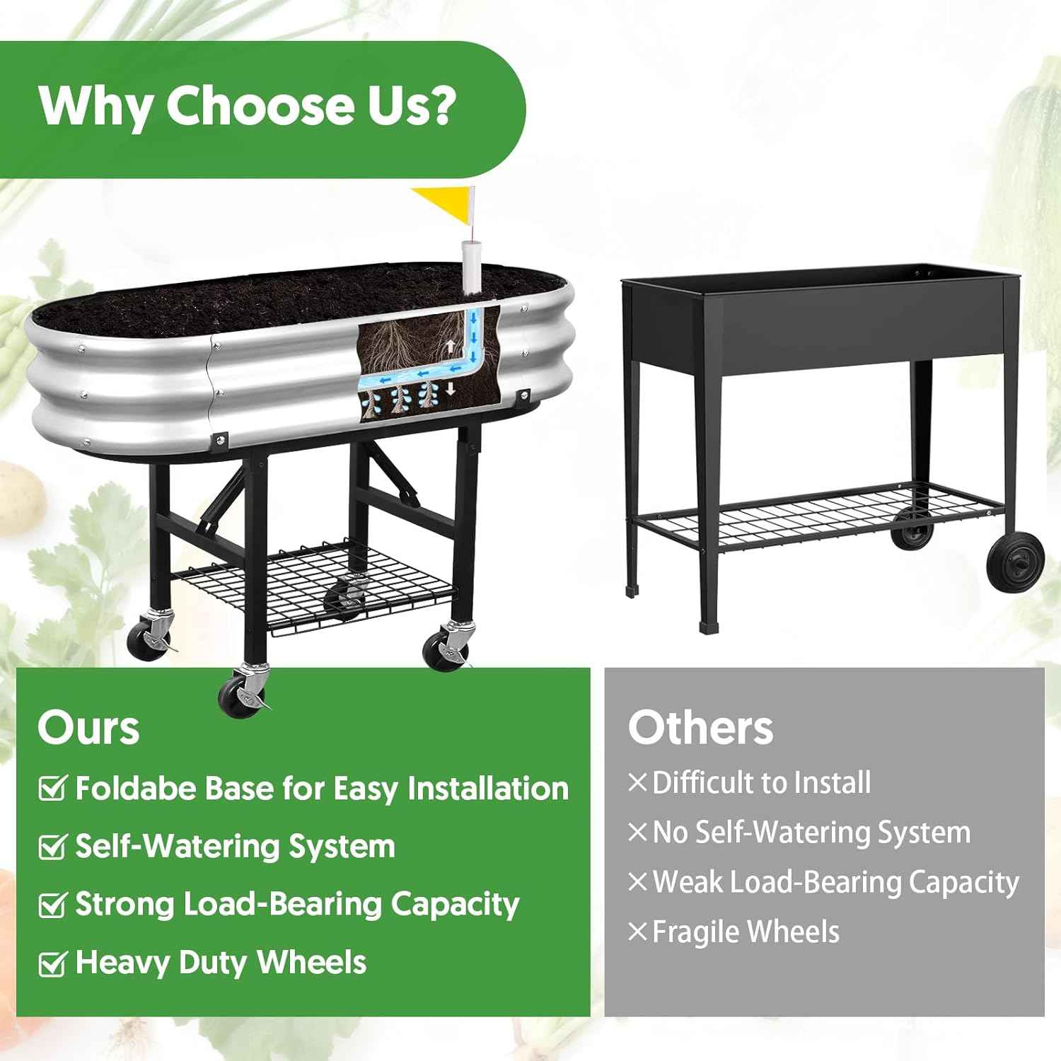 Self-Watering Raised Garden Bed with Legs and Heavy Duty Wheels, Easy-Install Planter Box with Foldable Stand, Galvanized Metal Elevated Wicking Bed with Liner for Indoor Outdoor Gardening
