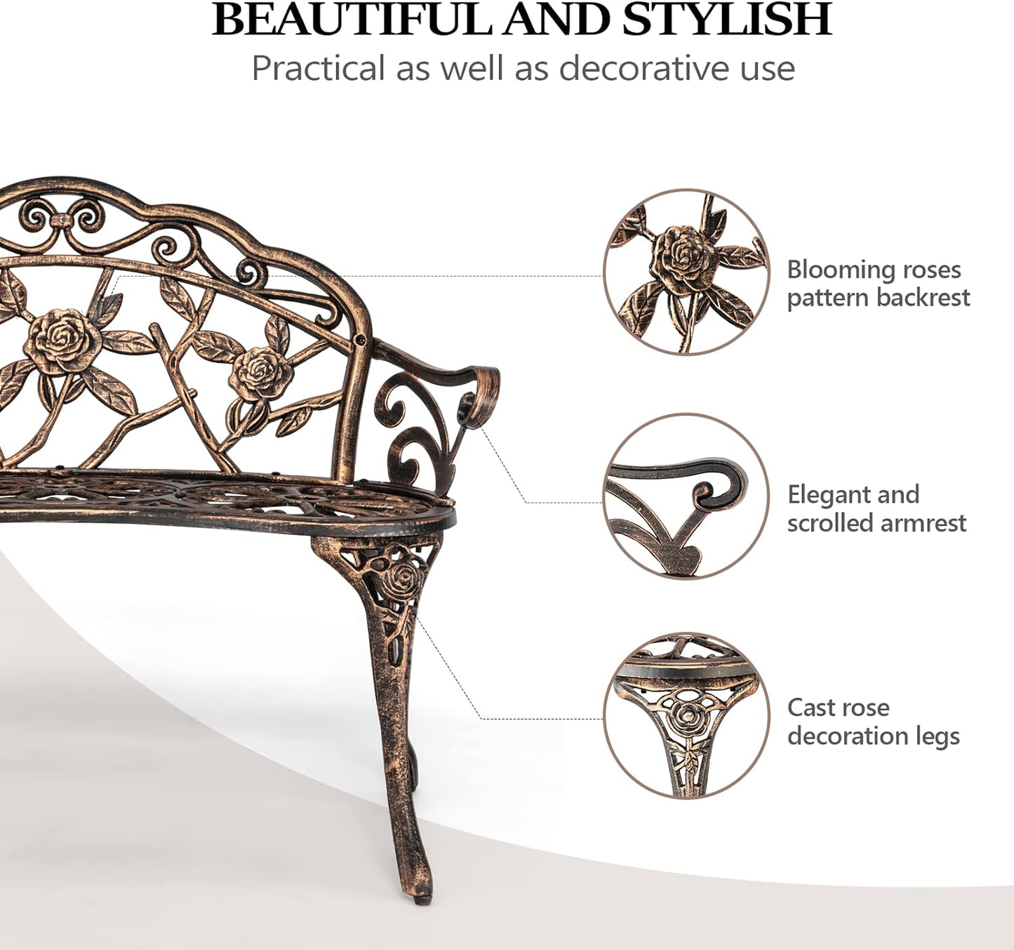 VINGLI 38.5" Patio Park Garden Outdoor Metal Rose Bench,Cast Iron Cast Aluminium Frame Antique Finish Chair,Accented Lawn Front Porch Path Yard Decor Deck Furniture for 2 Person Seat（Bronze