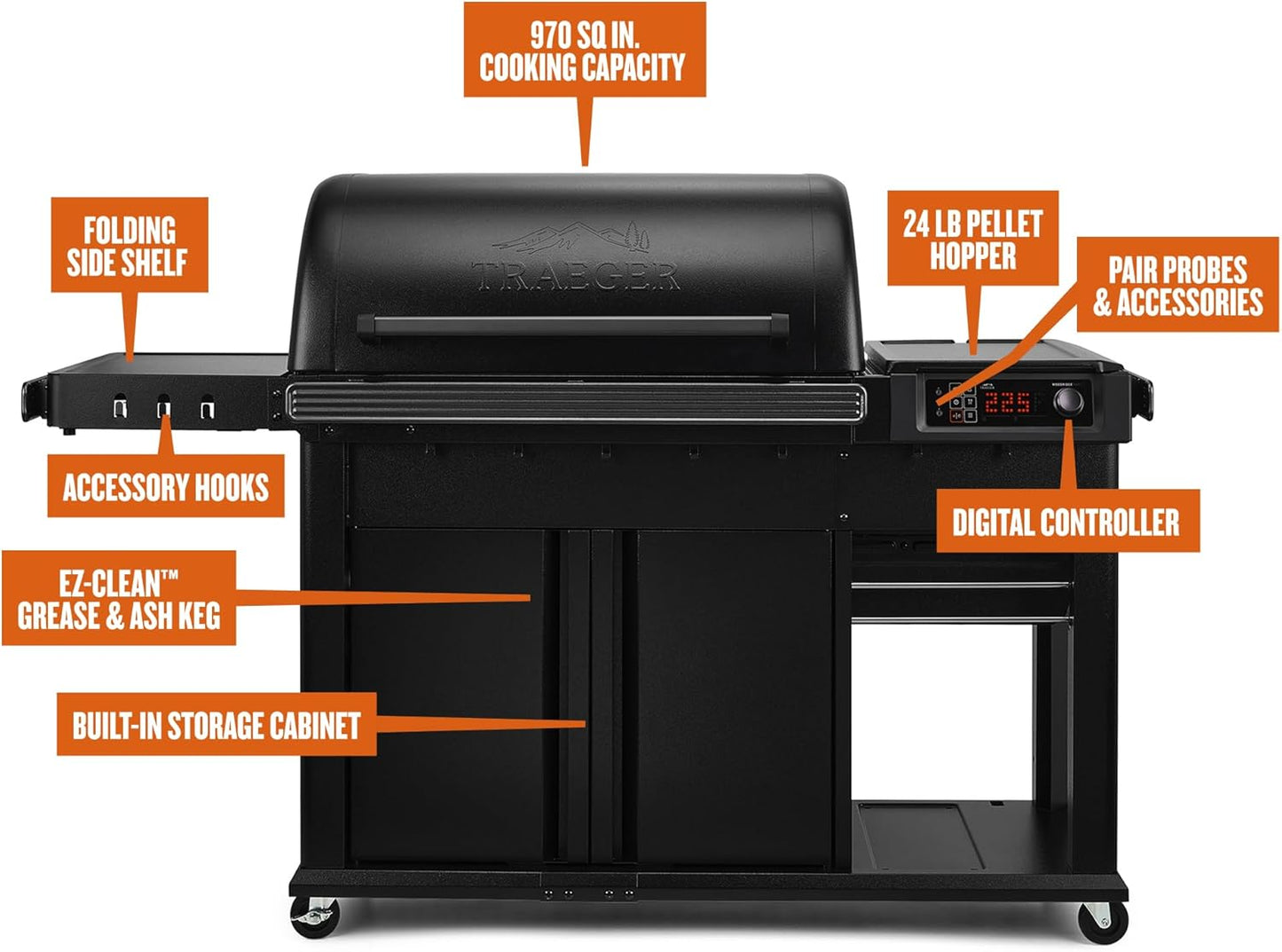 Traeger Grills Woodridge Pro Plus Electric Wood Pellet Grill and Smoker, 970 Sq. In., Folding Side Shelf, WiFIRE Technology, Super Smoke Mode, Outdoor Pellet Smoker Grill with Cabinet, Black, TFC97JLK
