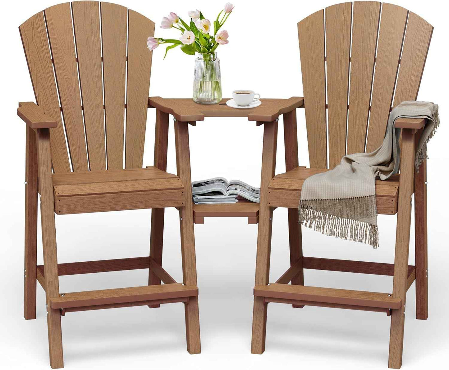 Tall Adirondack Chairs Set of 2, HDPE High Adirondack Chairs with Double Removable Trays, All Weather Outdoor Barstools for Patio, Balcony, Backyard, Deck and Garden, Teak