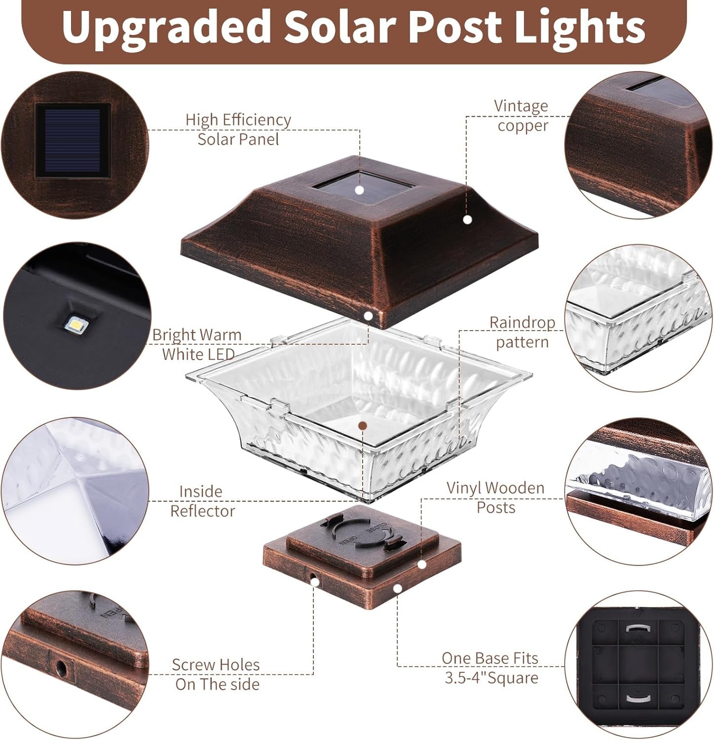 SUNWIND Solar Post Cap Lights Outdoor 4x4 LED Solar Garden Lighting Deck Fence Cap Light Wooden Post Brushed Copper 4 Pack