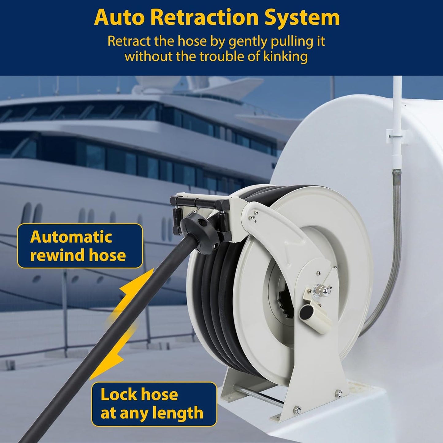 Diesel Fuel Hose Reel Retractable 3/4" x 50' Spring Driven Auto Swivel Rewind Industrial Heavy Duty Commercial Hose Holder Reel with Fueling Nozzle for Aircraft Ship Vehicle Tank Truck, 300 PSI