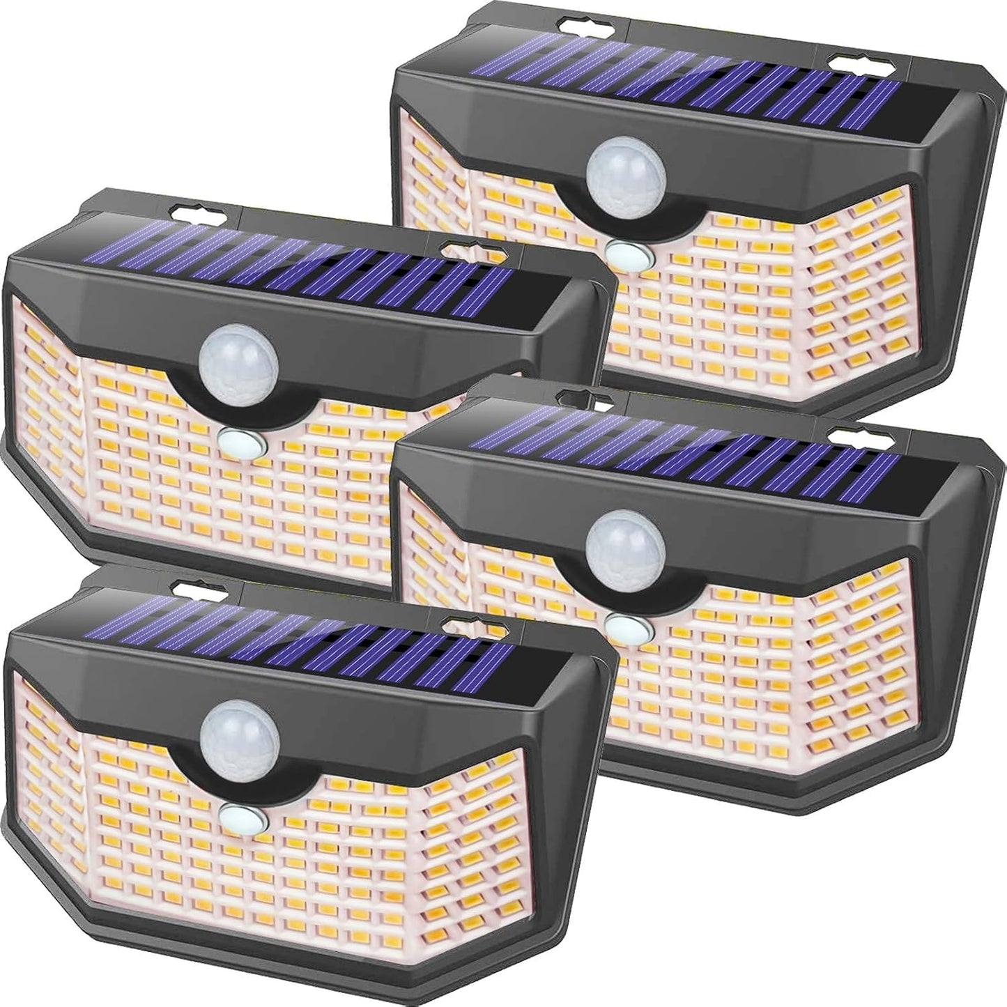 HMCITY 120 LED Outdoor Solar Lights- with Motion Sensor and 3 Lighting Modes, IP65 Waterproof Wide Solar Wall Lights Ideal for Garden Patio Yard (Front Button 4Packs, Warm White)