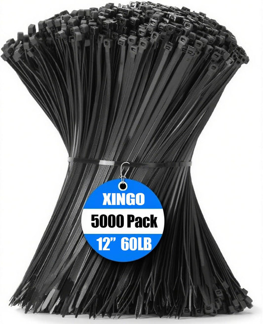 XINGO 5000 PCS Black Zip Ties 12 Inch, 60 LBS Tensile Strength, Self-Locking Nylon Plastic Nylon PA66 Wire Ties for Indoor and Outdoor Use