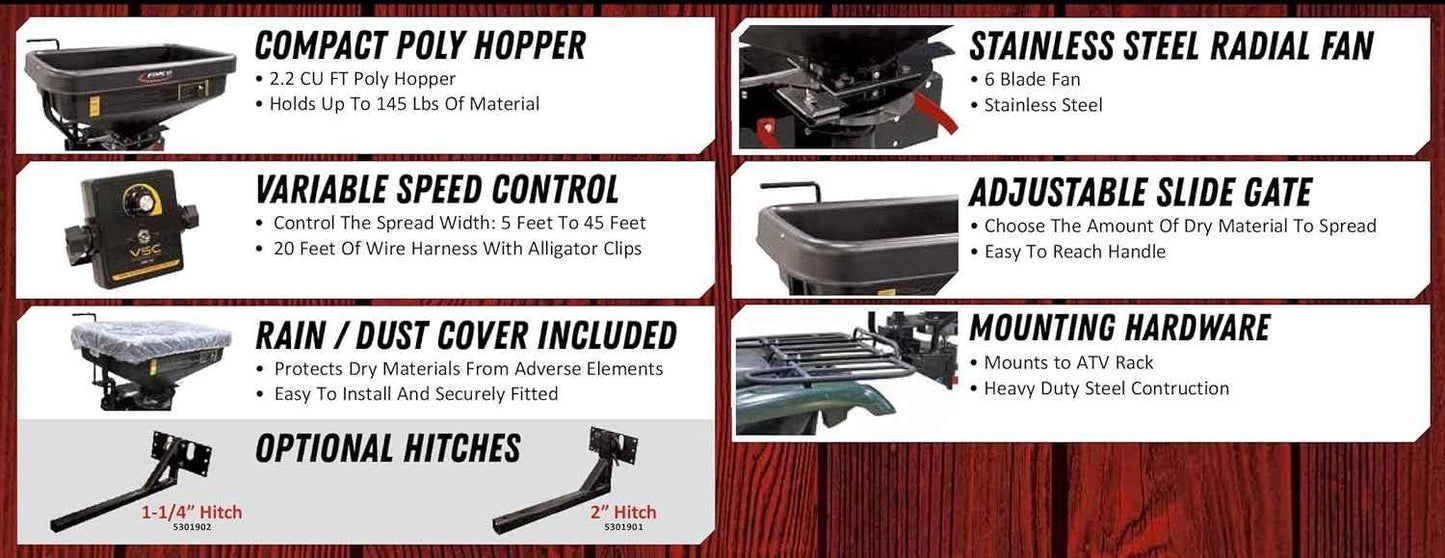 FIMCO 5301845 ATV Dry Material Spreader for Distribution & Broadcast, 12V, Polymer Hopper, 145 lbs