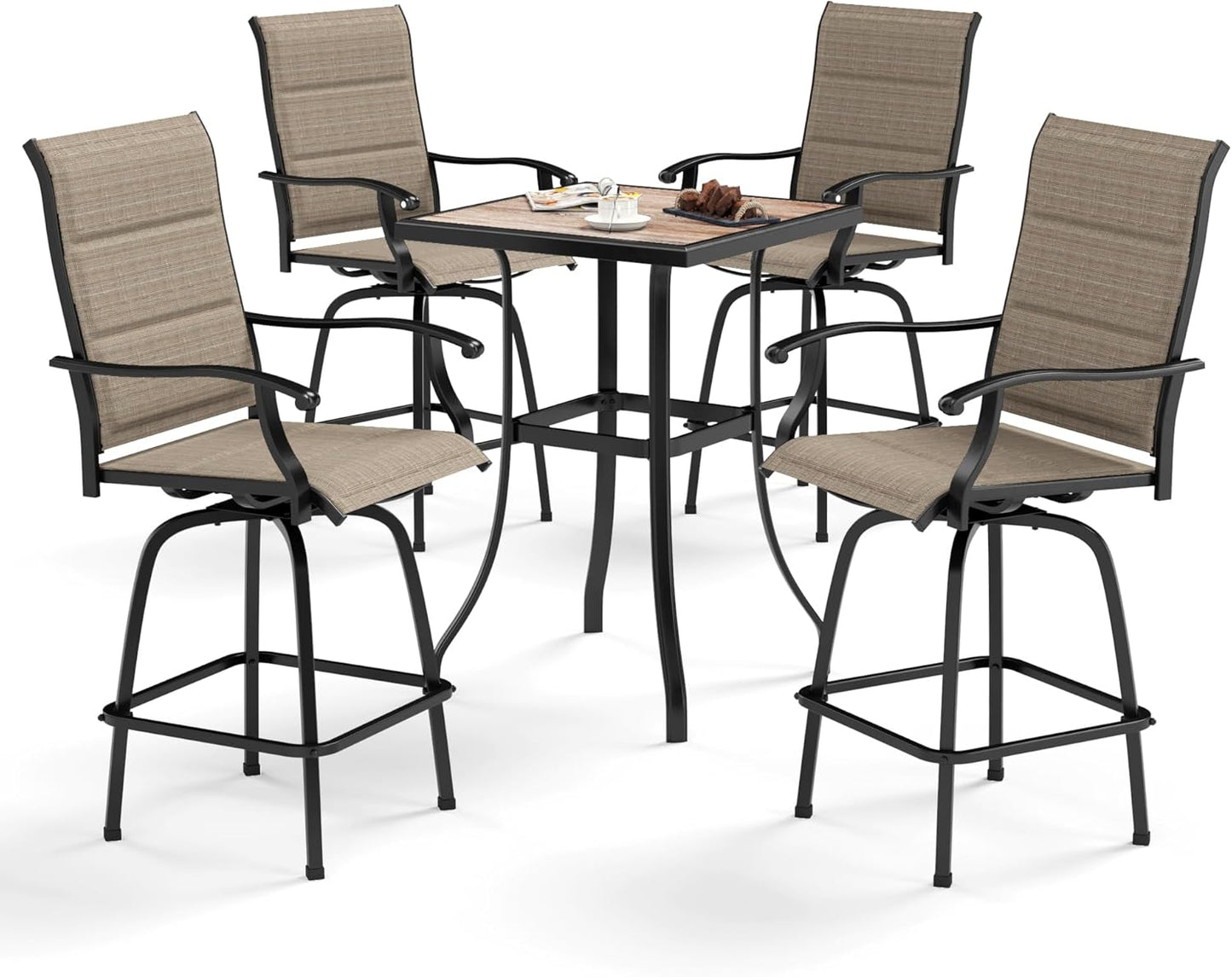 Sophia & William Modern Brown Patio Bar Set for 4: Swivel Bar Stools, High Back, Patio Bar Table & Chairs (5 Pieces), Quick Dry Textilene, Supports 300lbs