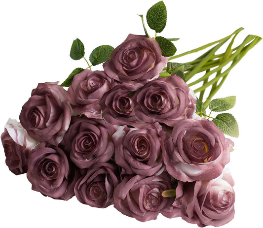 Burgundy Artificial Roses Fake Flowers Not Bend The Peduncle with Stems for DIY Wedding Bouquets Bridal Shower Centerpieces Arrangements Tables Decorations 24pcs