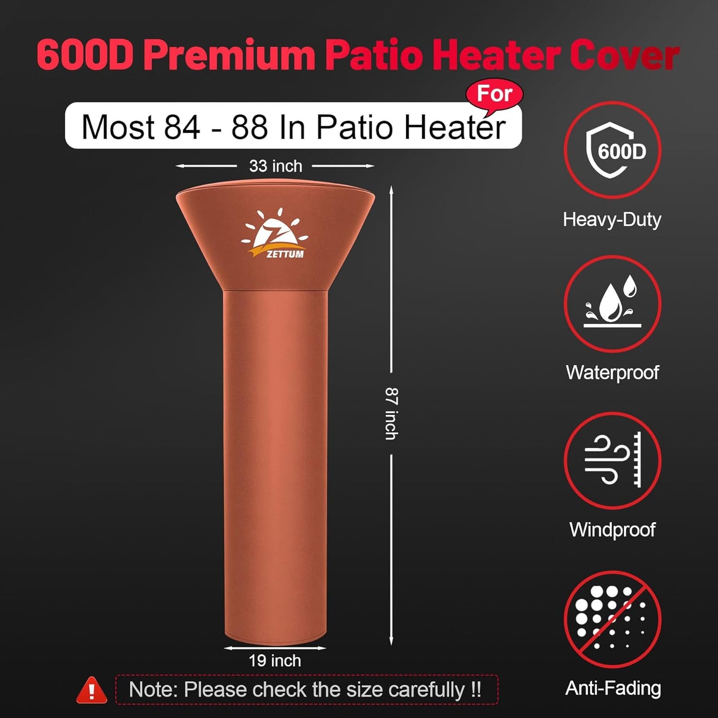 Patio Heater Covers - 600D Outdoor Heater Cover with Zipper Heavy Duty Waterproof, Propane Heat Cover for East Oak, Hampton Bay, Amazon Basics and Fire Sense (87" Height x 33" Dome x 19" Base)
