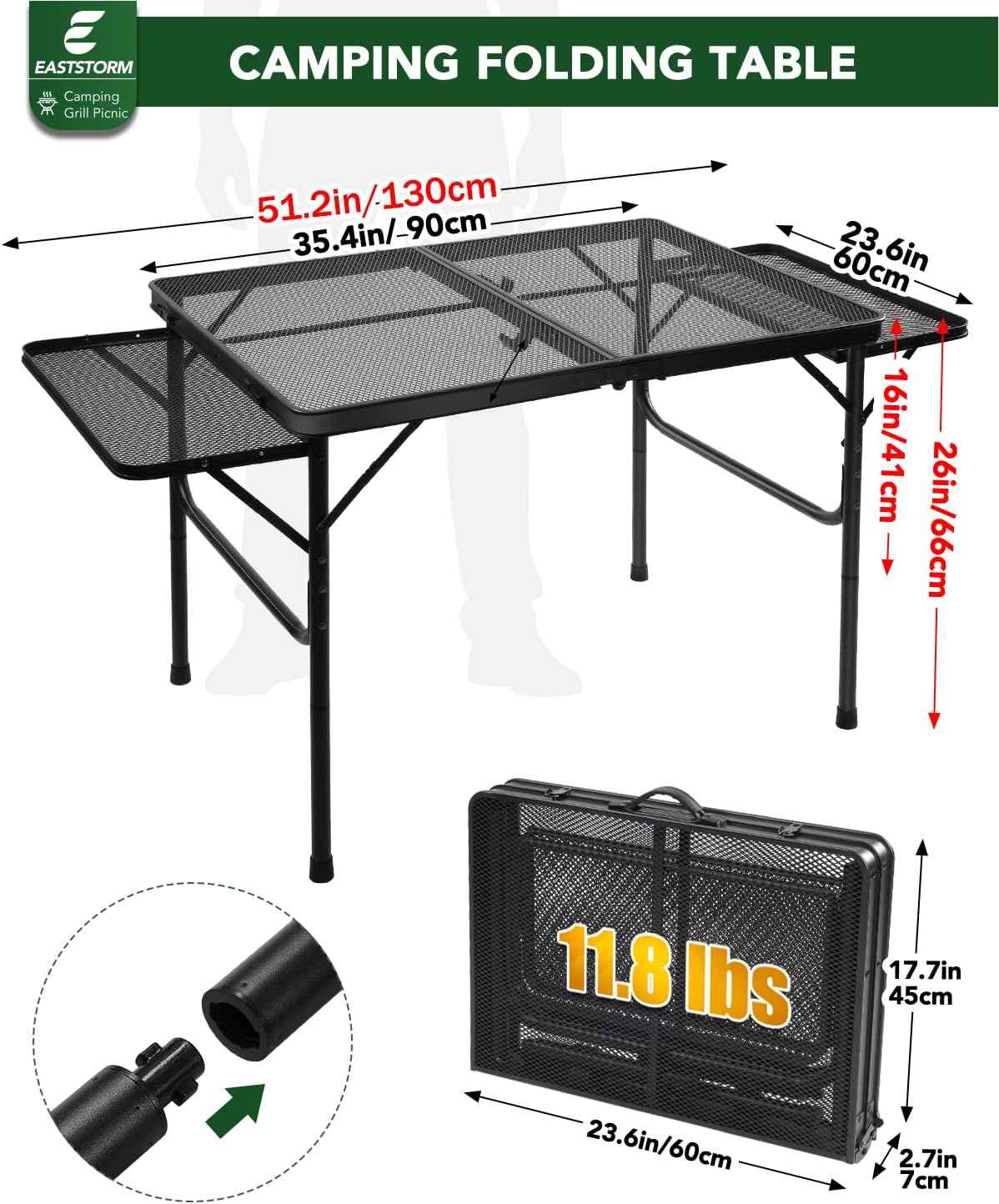3ft Folding Camping Table with Wing Panels, Metal Mesh Grill Table,2 Adjustable Heights,Folding Table with Storage Net, Paper Towel Holder, Hooks, Trash Bag Rack, for Picnic,Camping,BBQ,Beach(Black)