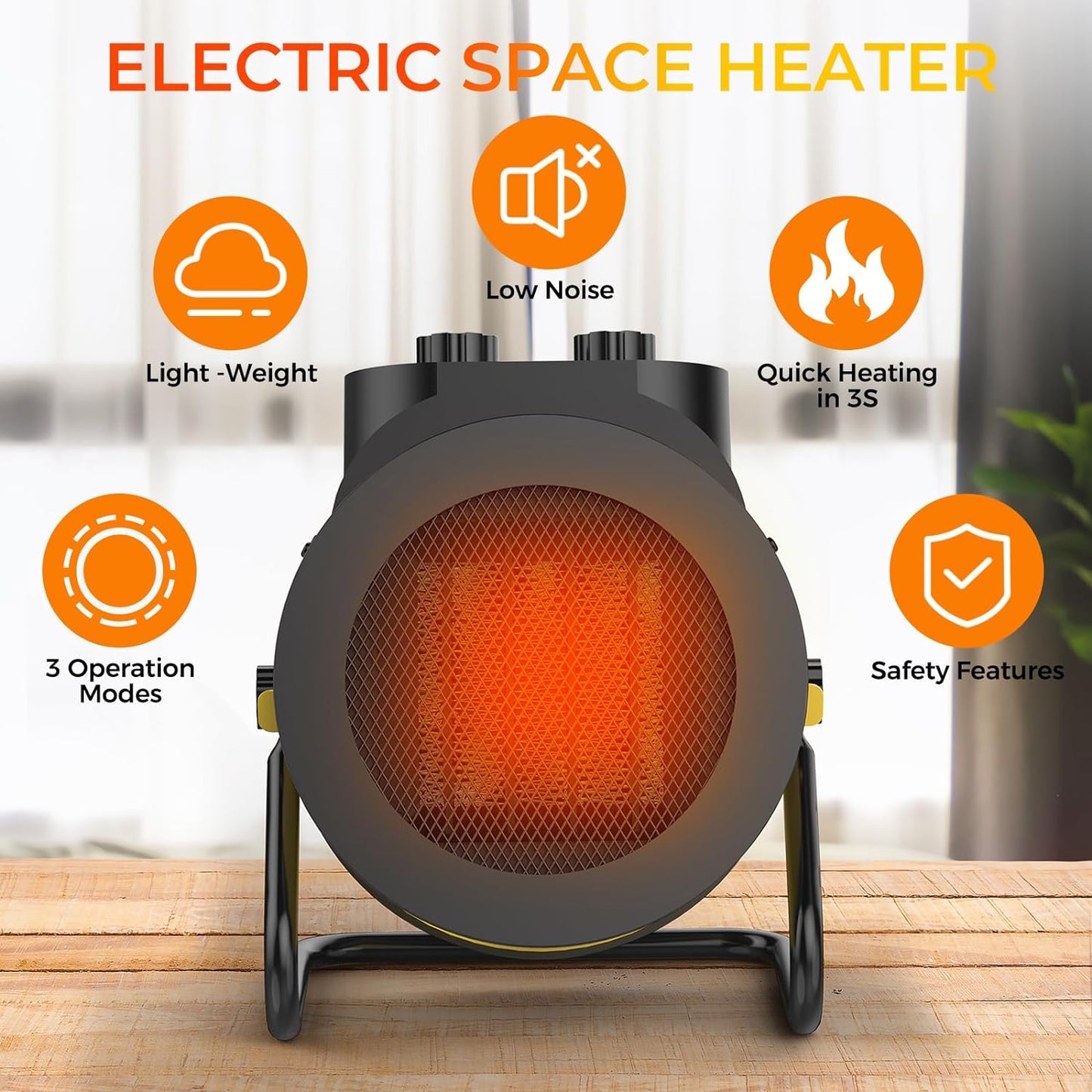 Space Heaters for Indoor Use, 1500W PTC Electric Heater with 90°Adjustable Angle, Fast Safety Heat, Small Portable Heater for Office Home(Yellow)