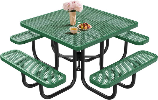 Heavy-Duty Park Bench or Table for Outside - Black Coated Outdoor Furniture Steel Bench, Commercial-Grade Outdoor Benches Weatherproof for Park, Patio, Porch (Green, 46” (Sq. Table))