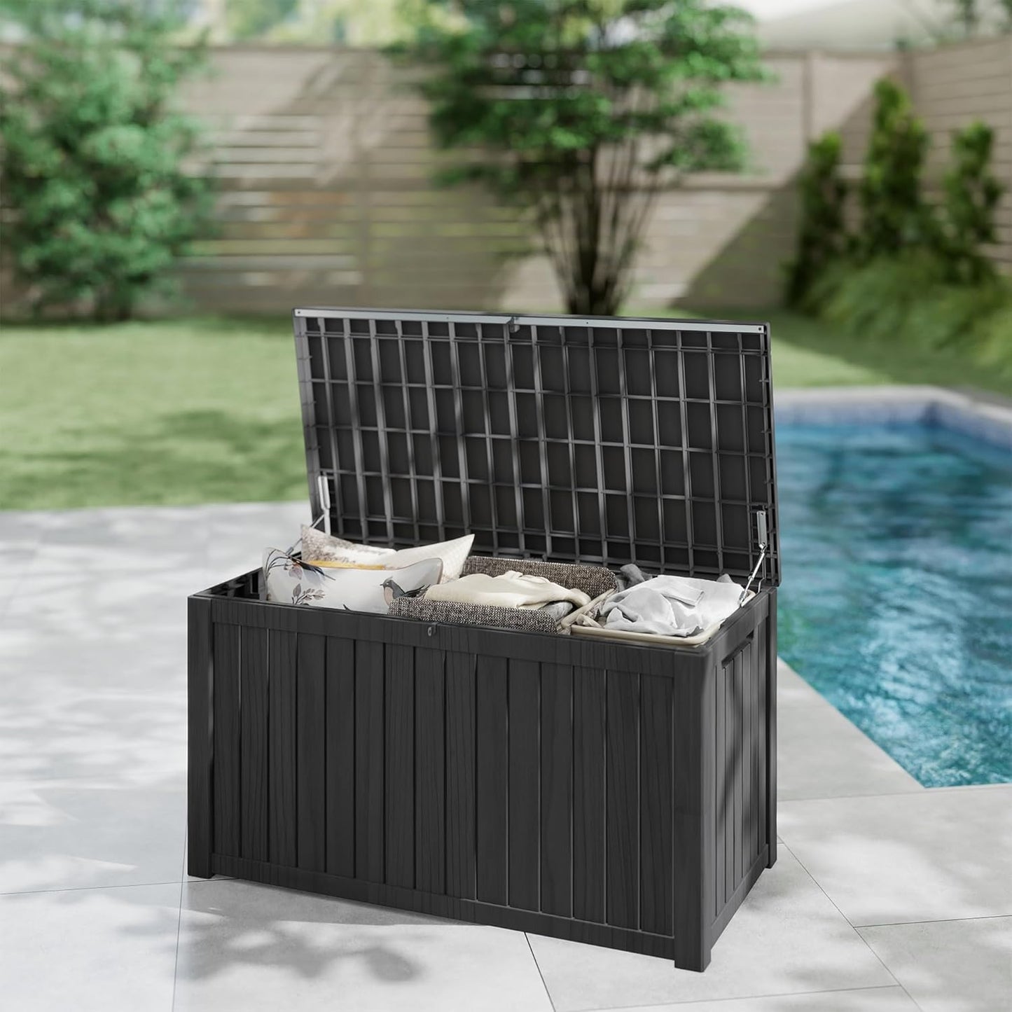 200 Gallon Outdoor Storage Box Waterproof Large Resin Deck Box Indoor/Outdoor Lockable Storage Container and Seating for Garden, Pool, and Patio (200 Gallon, Black)