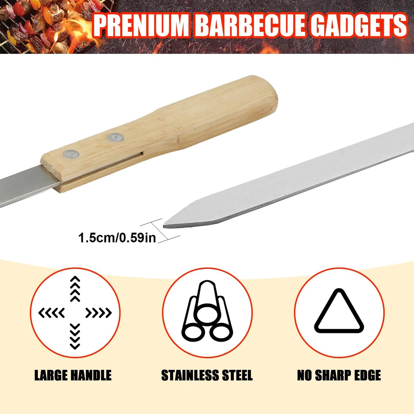 SHIKORI Kabob Skewers,BBQ Barbecue Skewers,Stainless Steel Sticks,23 Inch Heavy Duty Large Wide Reusable,with Nonslip Wooden-6 Pcs