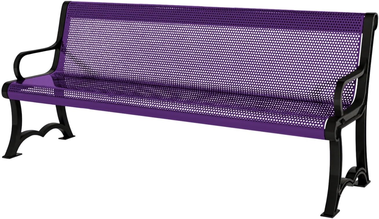 Coated Outdoor Furniture Heavy-Duty Outdoor Bench Thermoplastic Coated, Punched Steel, Commercial-Grade Garden Bench, Made in America (Portable with Back, 4 Ft, Purple)