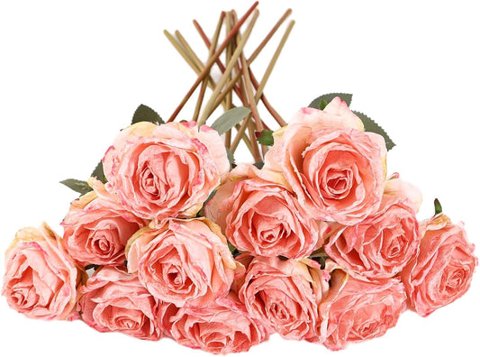 Kimura's Cabin 12pcs Pink Lifelike Artificial Roses Flowers with Stem Faux Silk Rose Bouquet Dried Roses Fake Flowers for Valentines Day Home Centerpiece Wedding Party DIY Decoration (Light Pink)