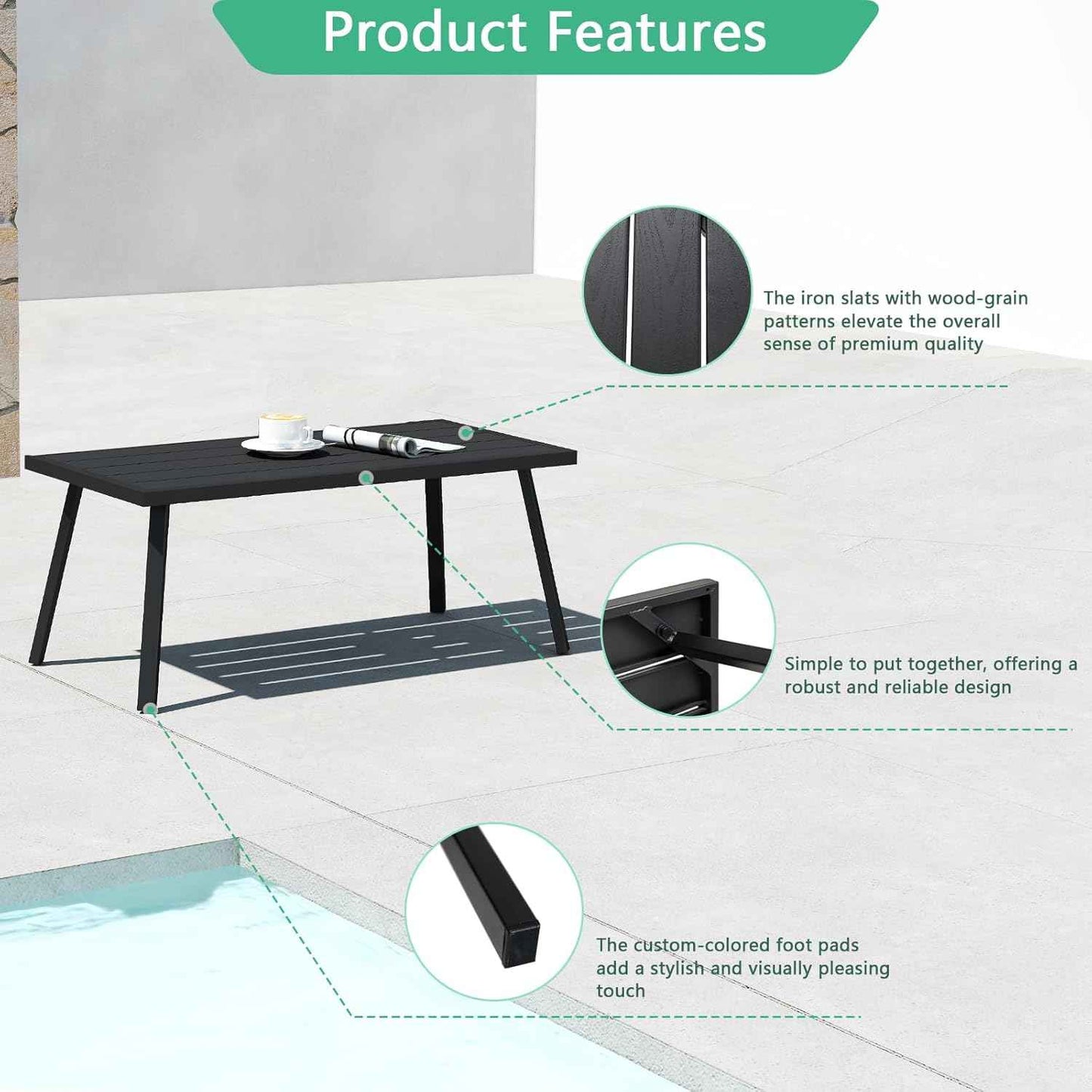 Helios&Hestia Small Rectangle Iron Outdoor Coffee Side End Table for Patio, Deck, Backyard, Garden, Poolside, Black