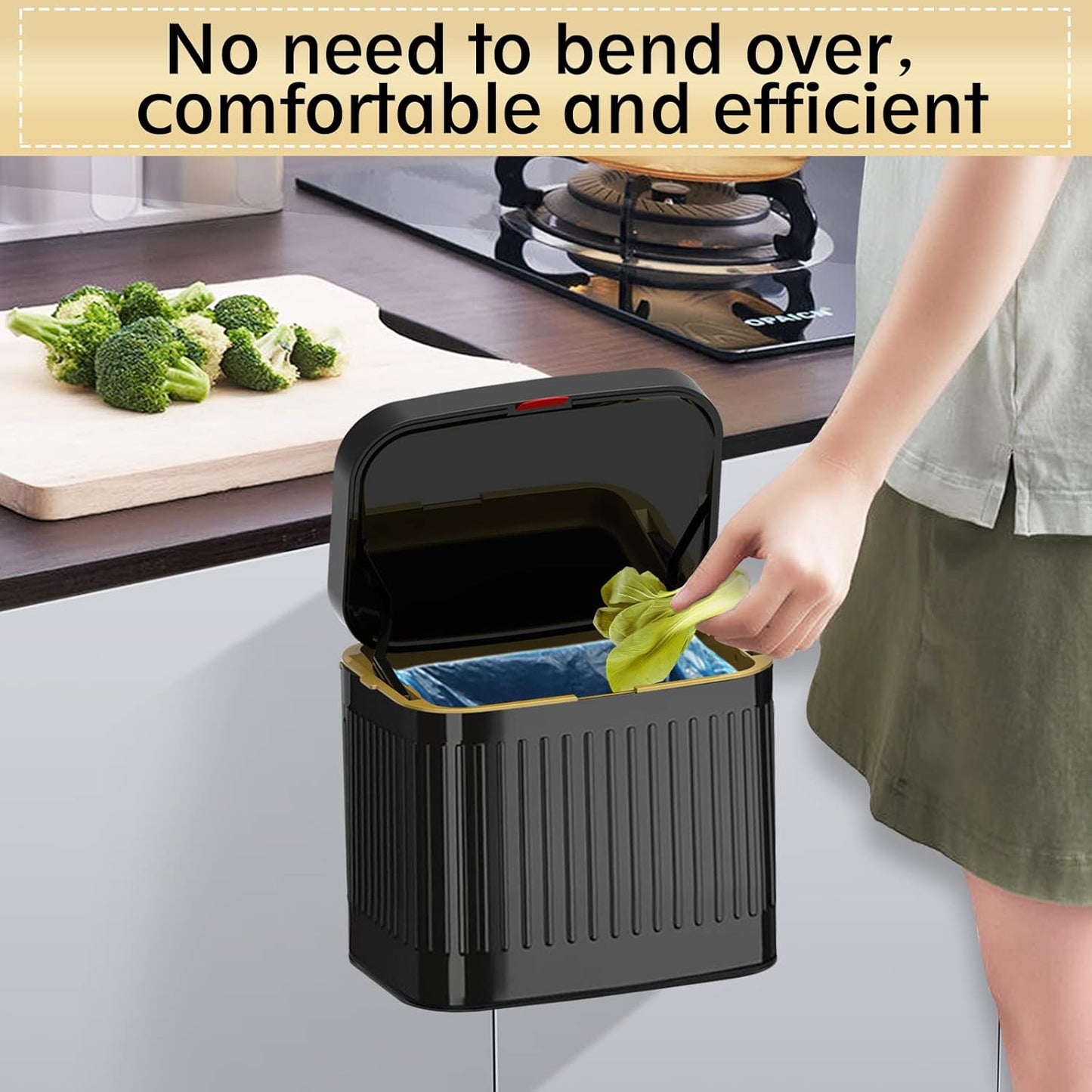 GloDeals Kitchen Trash Can for Counter Top or Under Sink, 1.05 Gallon Stainless Steel Small Compost Bin, Wall Mount Compost bin with Lid for Kitchen, Cabinet Trash Can Hanging (Black)